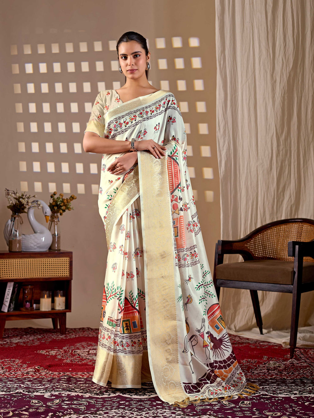 Aastha Fashion Cream Soft Lichi Silk Printed Saree | Grocsy