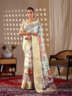 Aastha Fashion Cream Soft Lichi Silk Printed Saree | Grocsy
