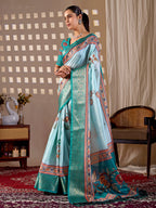Aastha Fashion Aqua Soft Lichi Silk Printed Saree | Grocsy