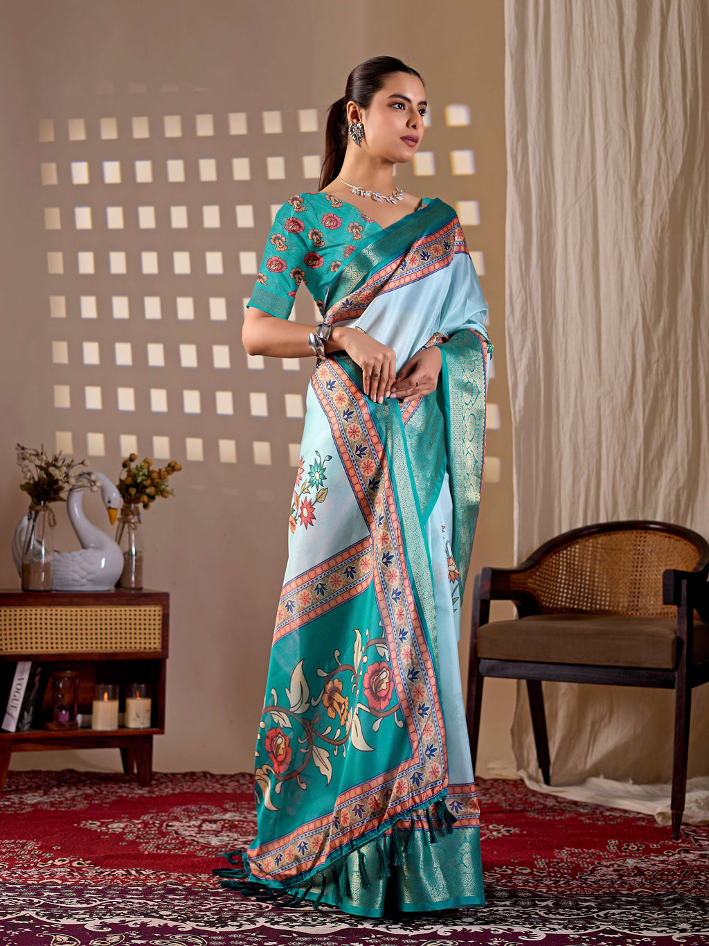 Aastha Fashion Aqua Soft Lichi Silk Printed Saree | Grocsy