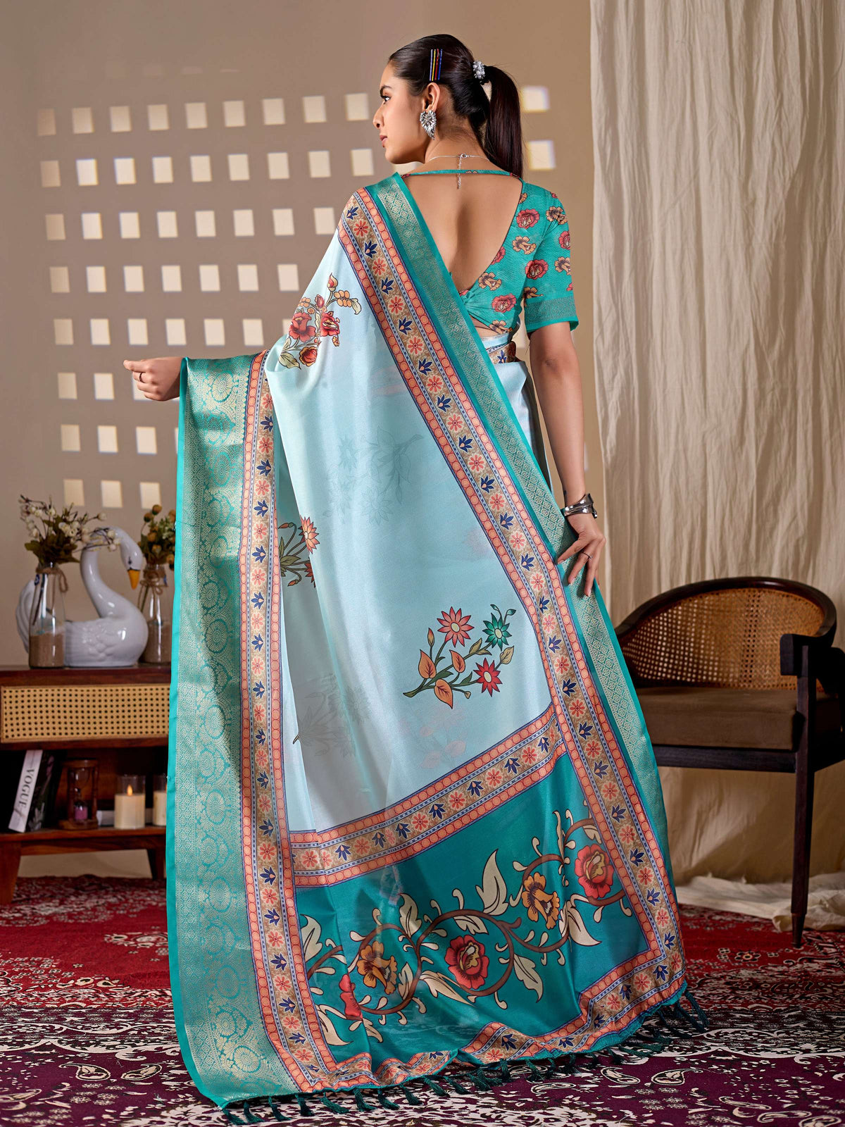 Aastha Fashion Aqua Soft Lichi Silk Printed Saree | Grocsy