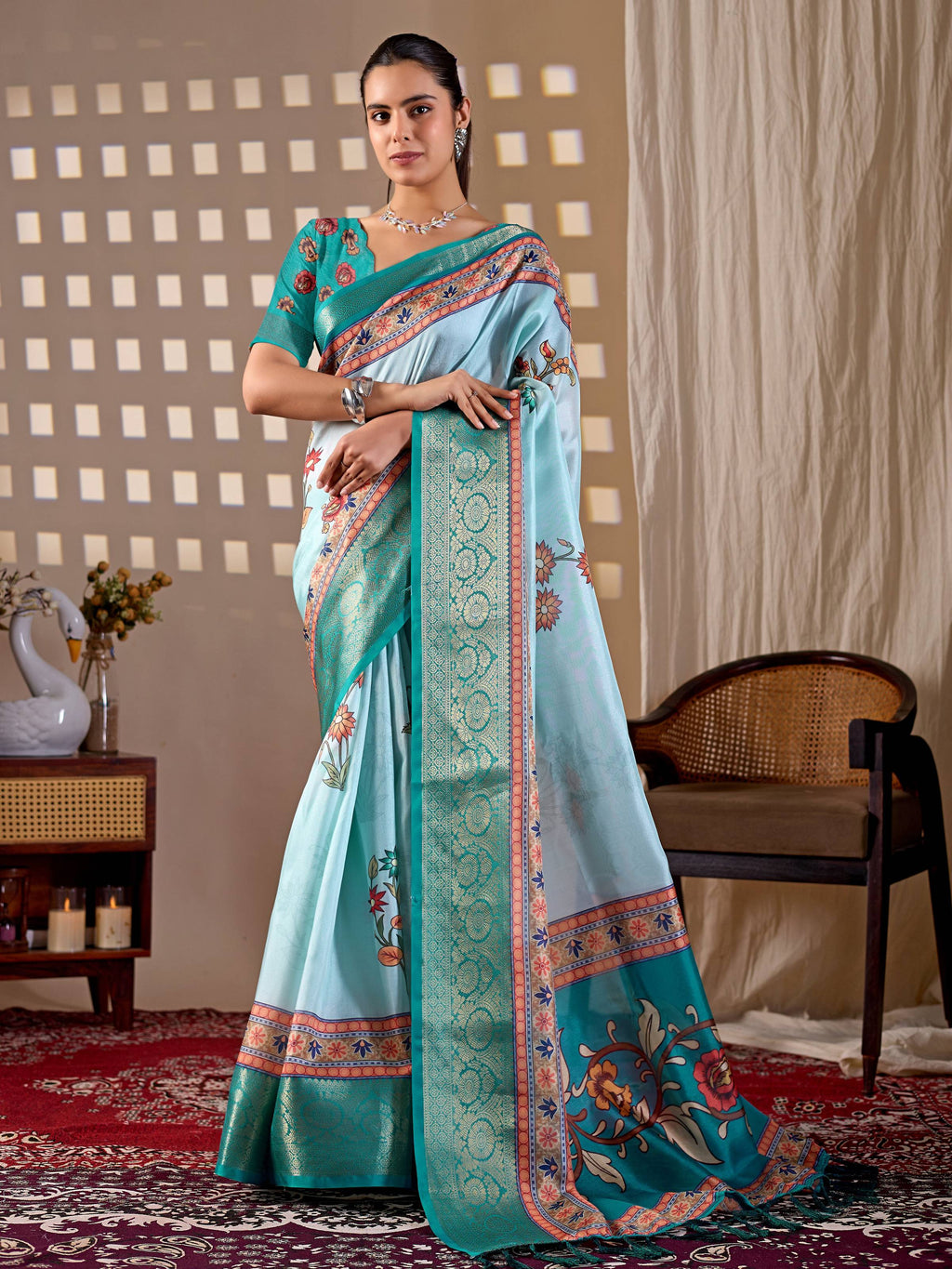 Aastha Fashion Aqua Soft Lichi Silk Printed Saree | Grocsy