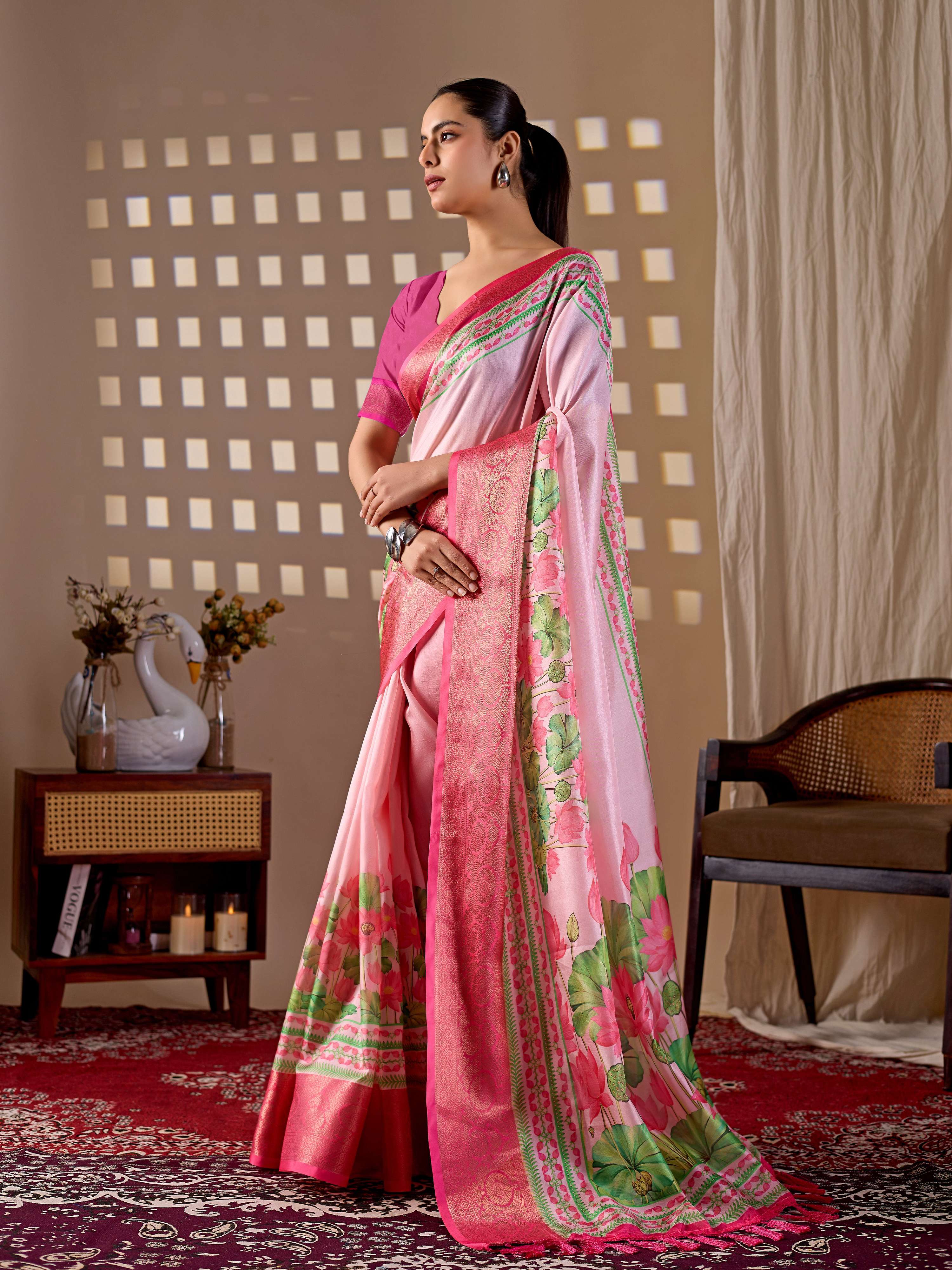 Aastha Fashion Pink Soft Lichi Silk Printed Saree | Grocsy