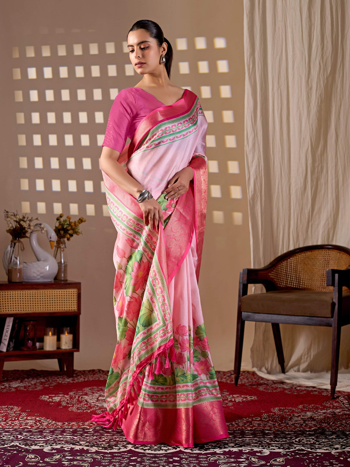 Aastha Fashion Pink Soft Lichi Silk Printed Saree | Grocsy