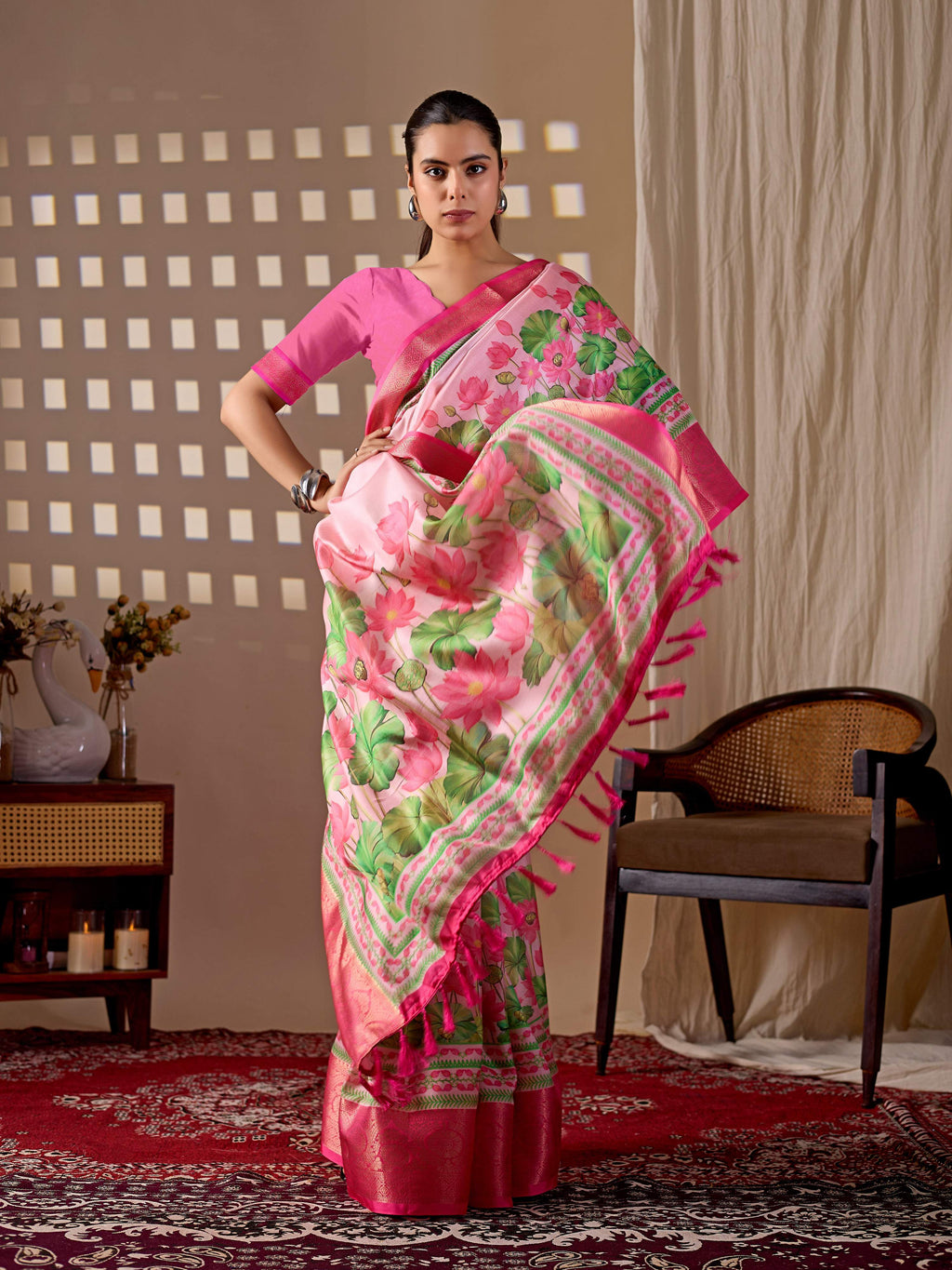 Aastha Fashion Pink Soft Lichi Silk Printed Saree | Grocsy