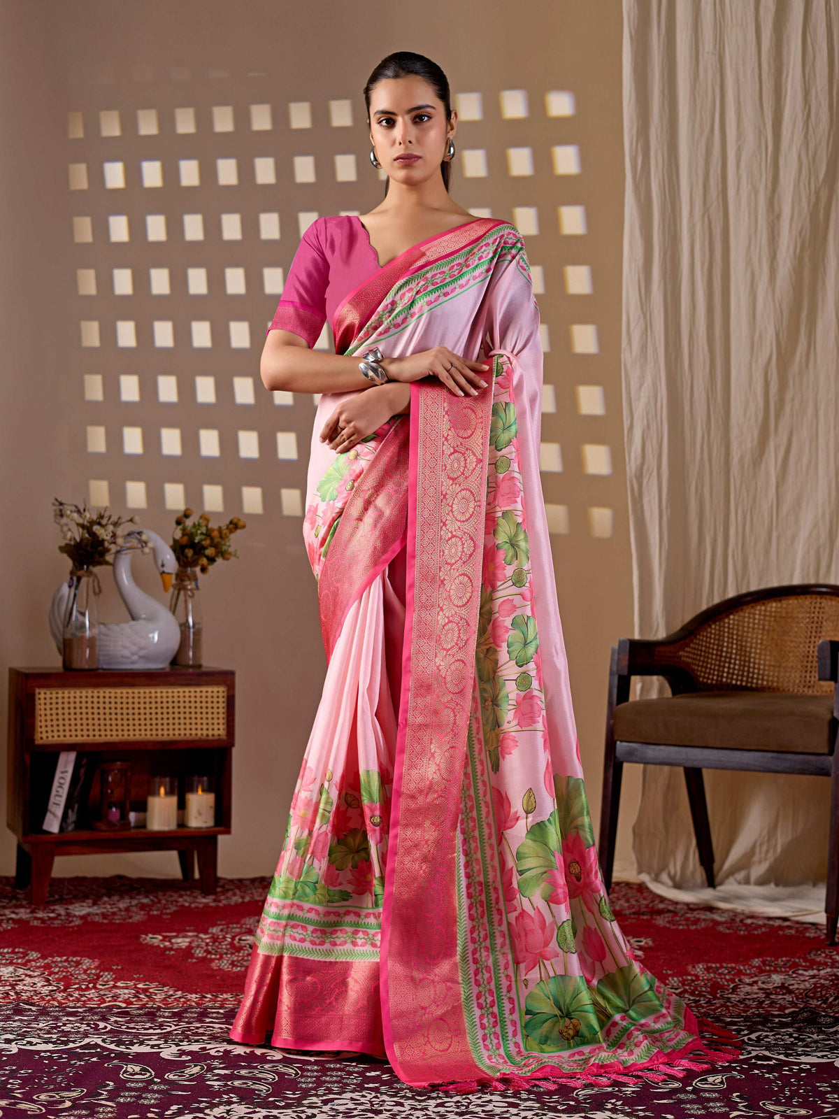 Aastha Fashion Pink Soft Lichi Silk Printed Saree | Grocsy