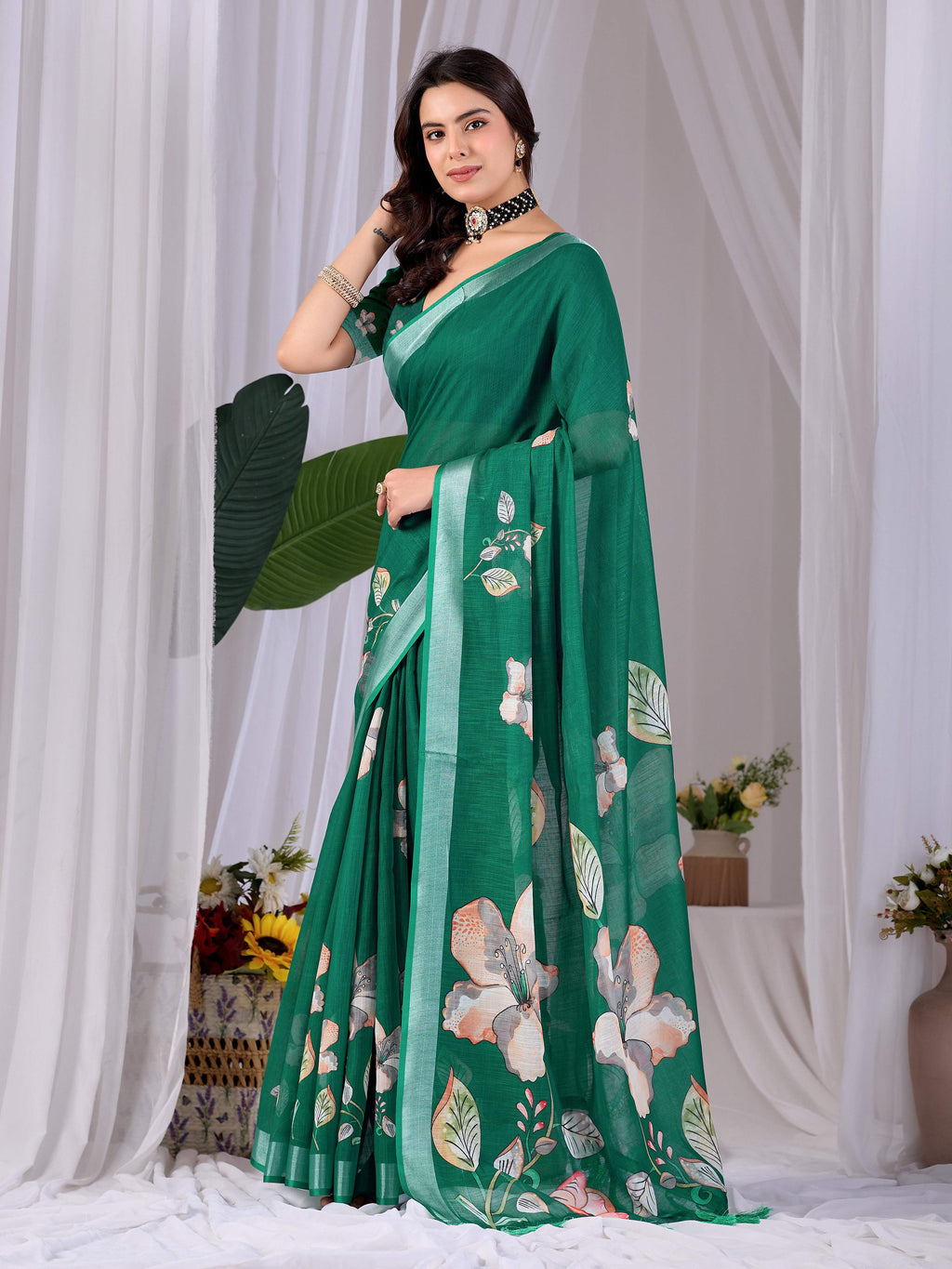 Aastha Fashion Green Soft Linen Cotton Printed Saree | Grocsy