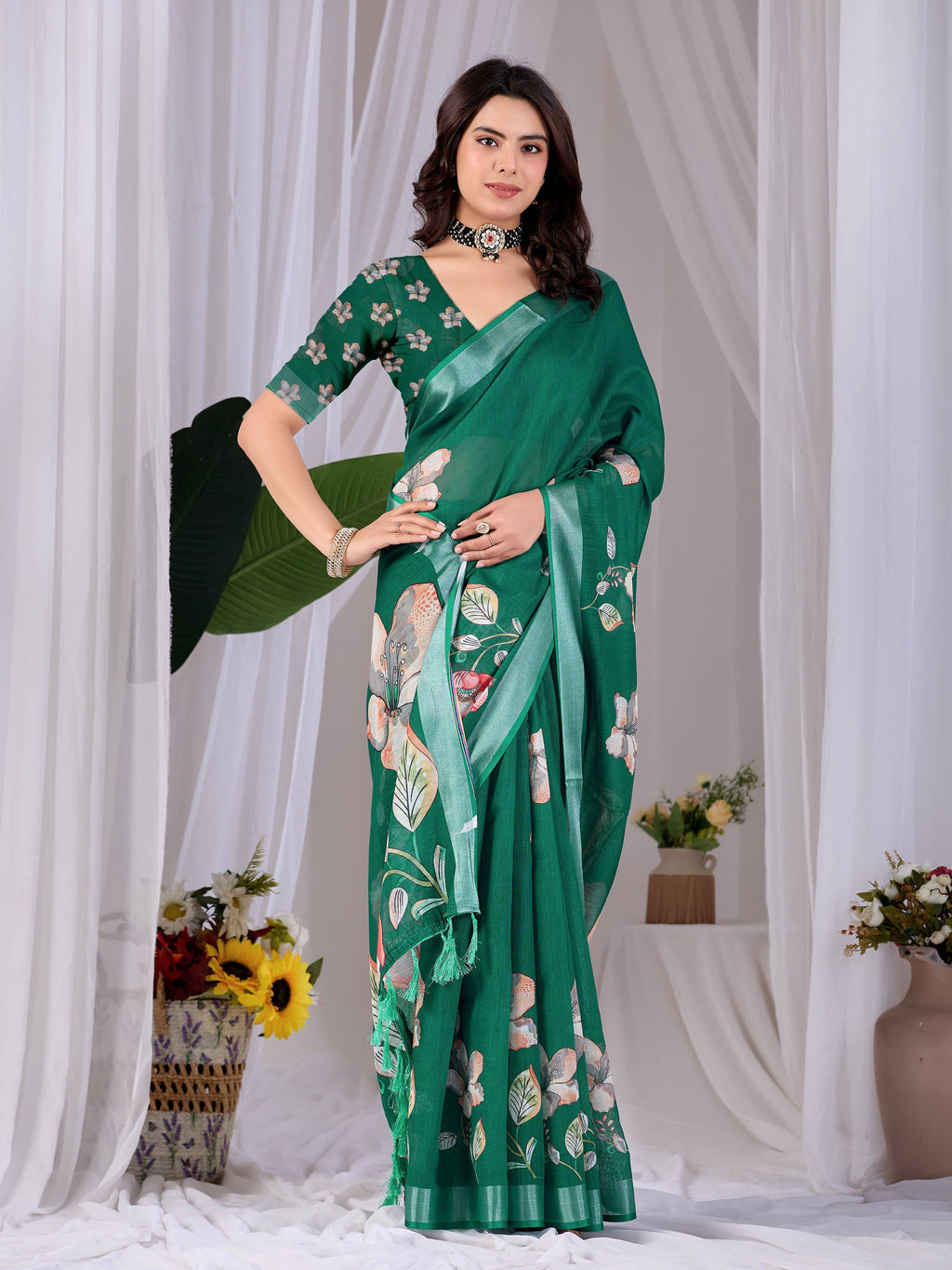 Aastha Fashion Green Soft Linen Cotton Printed Saree | Grocsy