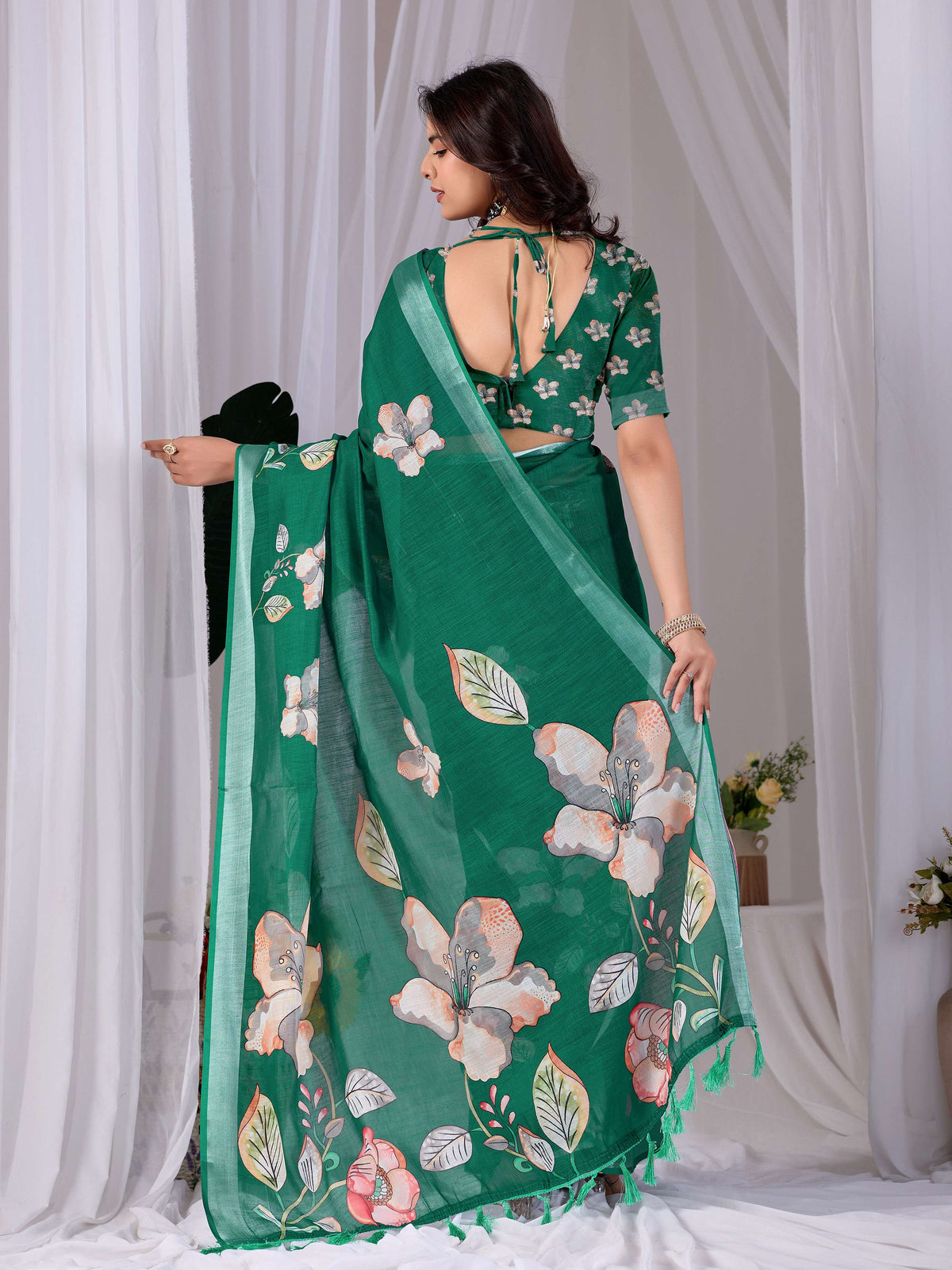 Aastha Fashion Green Soft Linen Cotton Printed Saree | Grocsy