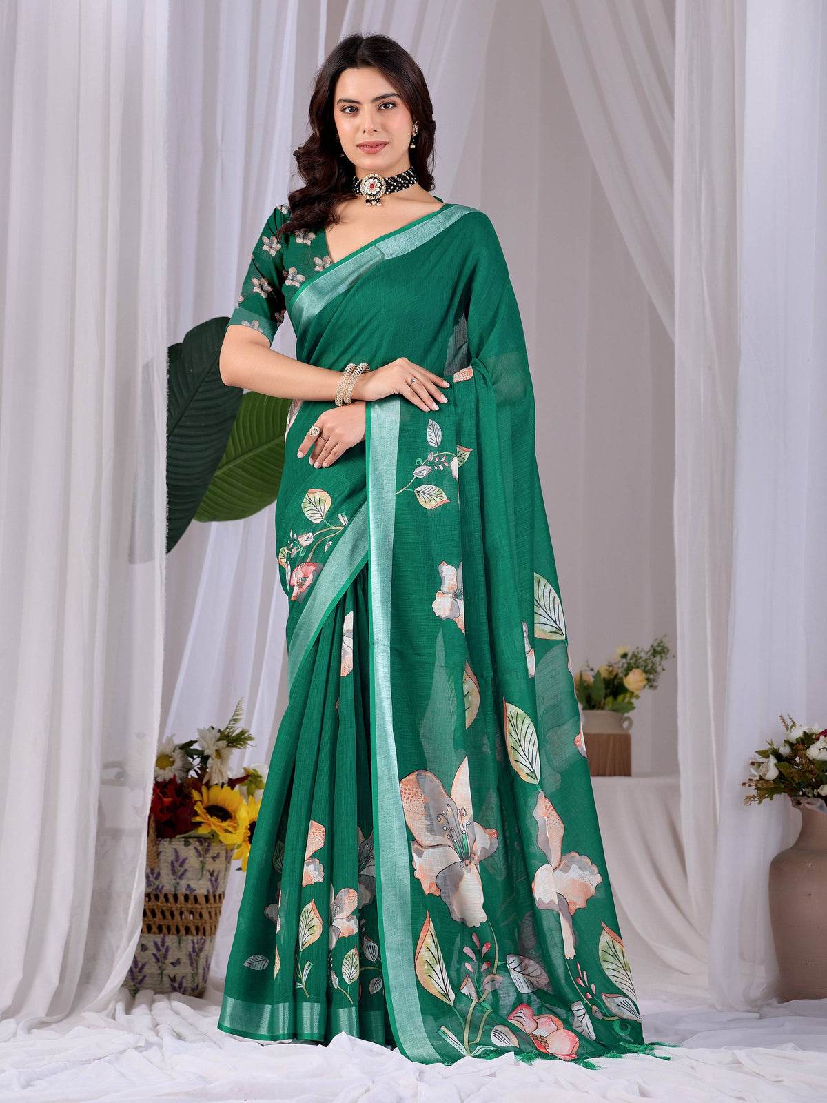 Aastha Fashion Green Soft Linen Cotton Printed Saree | Grocsy