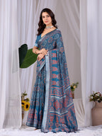 Aastha Fashion Teal Blue Soft Linen Cotton Printed Saree | Grocsy