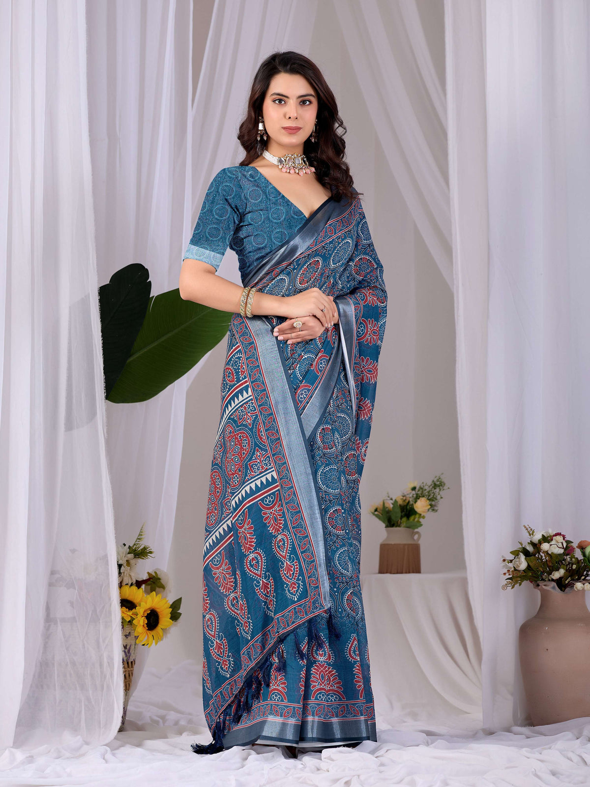 Aastha Fashion Teal Blue Soft Linen Cotton Printed Saree | Grocsy