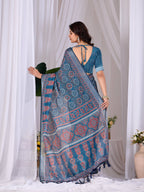 Aastha Fashion Teal Blue Soft Linen Cotton Printed Saree | Grocsy