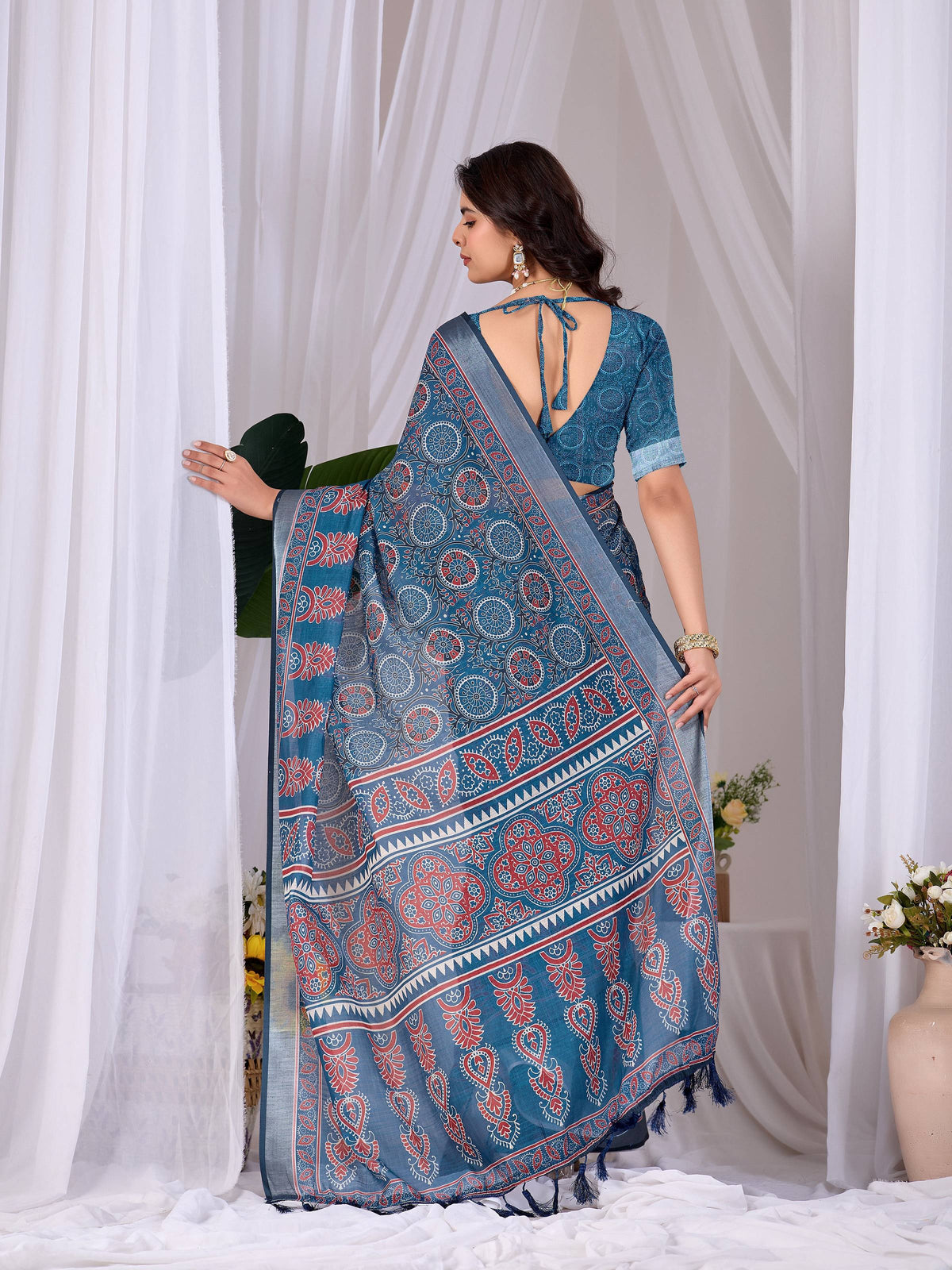 Aastha Fashion Teal Blue Soft Linen Cotton Printed Saree | Grocsy