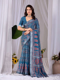 Aastha Fashion Teal Blue Soft Linen Cotton Printed Saree | Grocsy