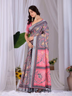 Aastha Fashion Pink Soft Linen Cotton Printed Saree | Grocsy