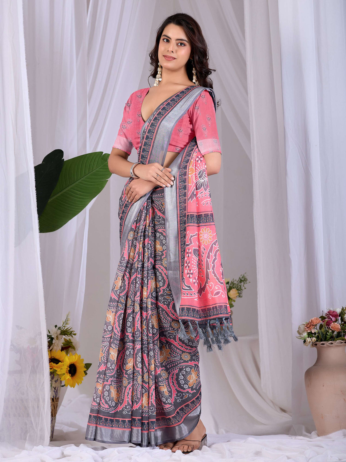 Aastha Fashion Pink Soft Linen Cotton Printed Saree | Grocsy