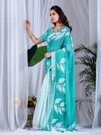 Aastha Fashion See Green Soft Linen Cotton Printed Saree | Grocsy