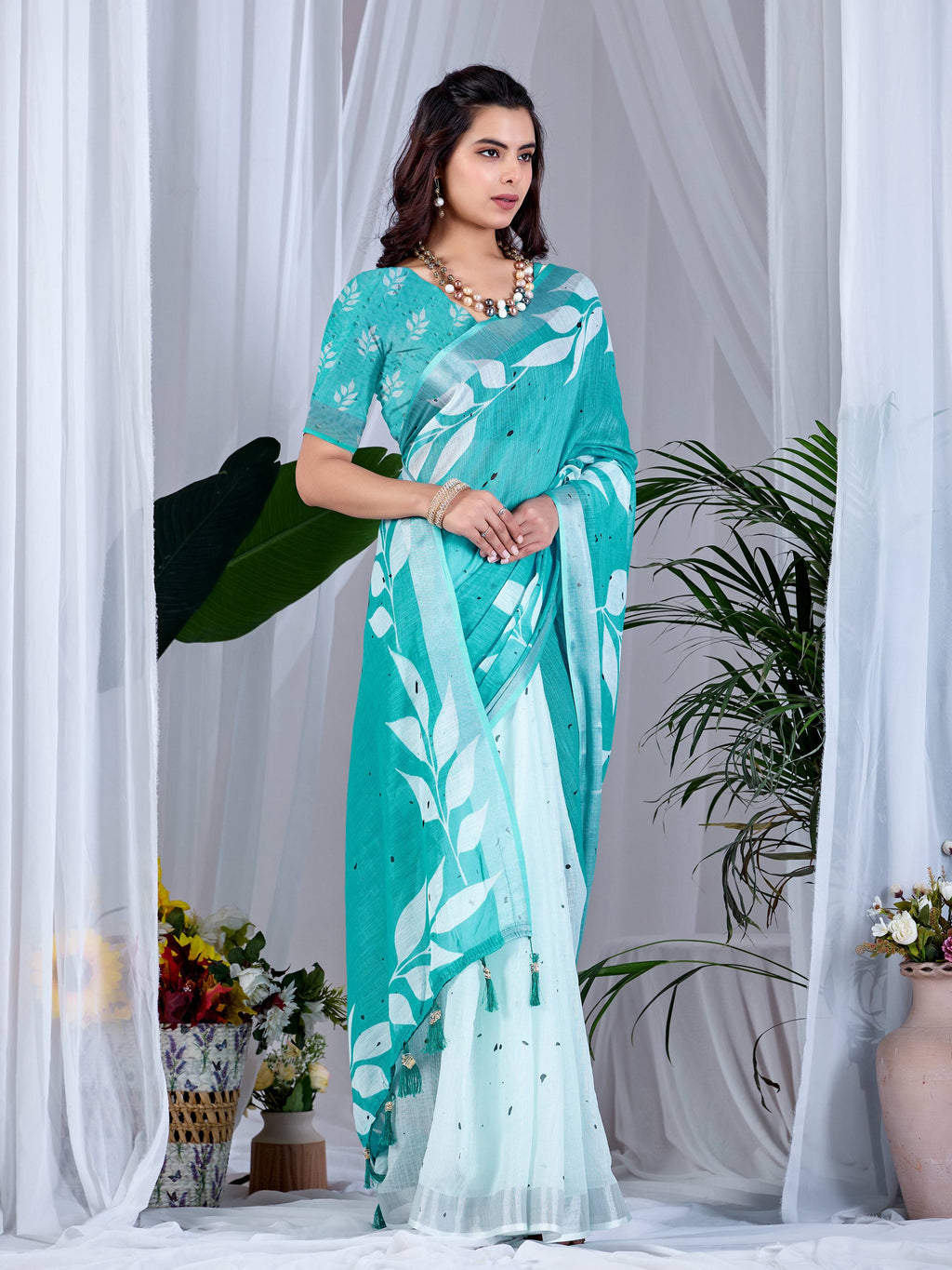 Aastha Fashion See Green Soft Linen Cotton Printed Saree | Grocsy