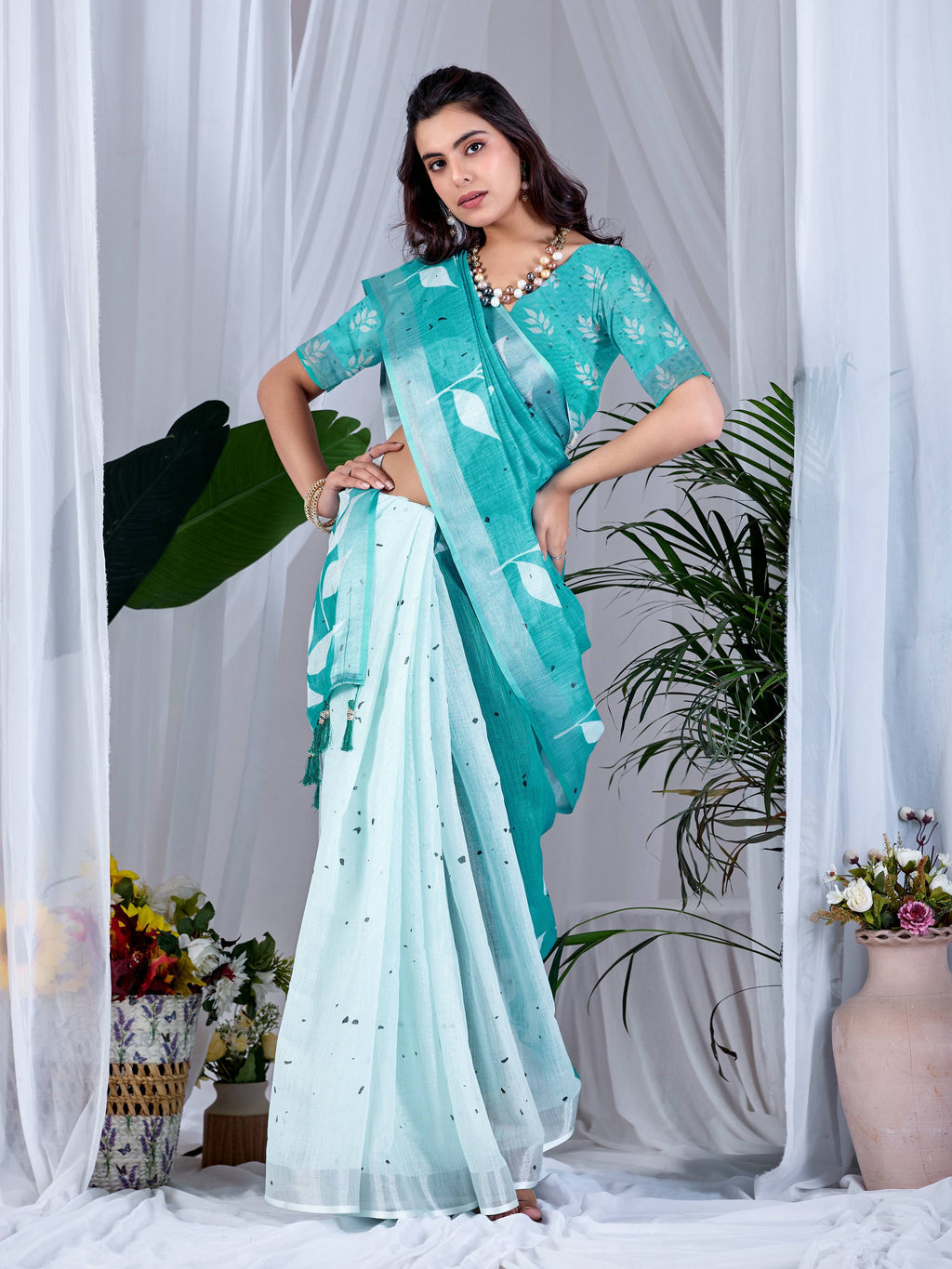 Aastha Fashion See Green Soft Linen Cotton Printed Saree | Grocsy