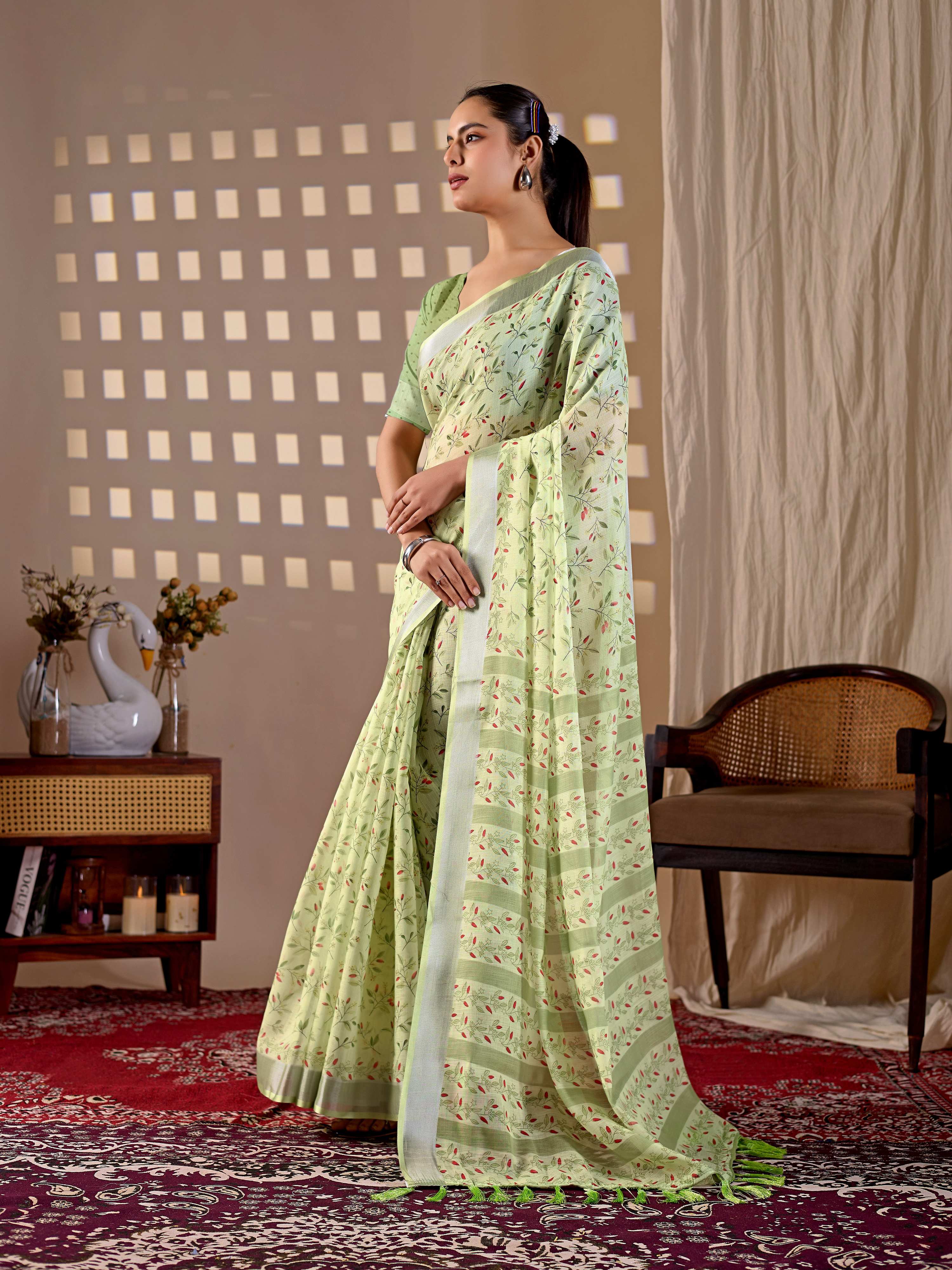 Aastha Fashion Pista Soft Linen Cotton Printed Saree | Grocsy