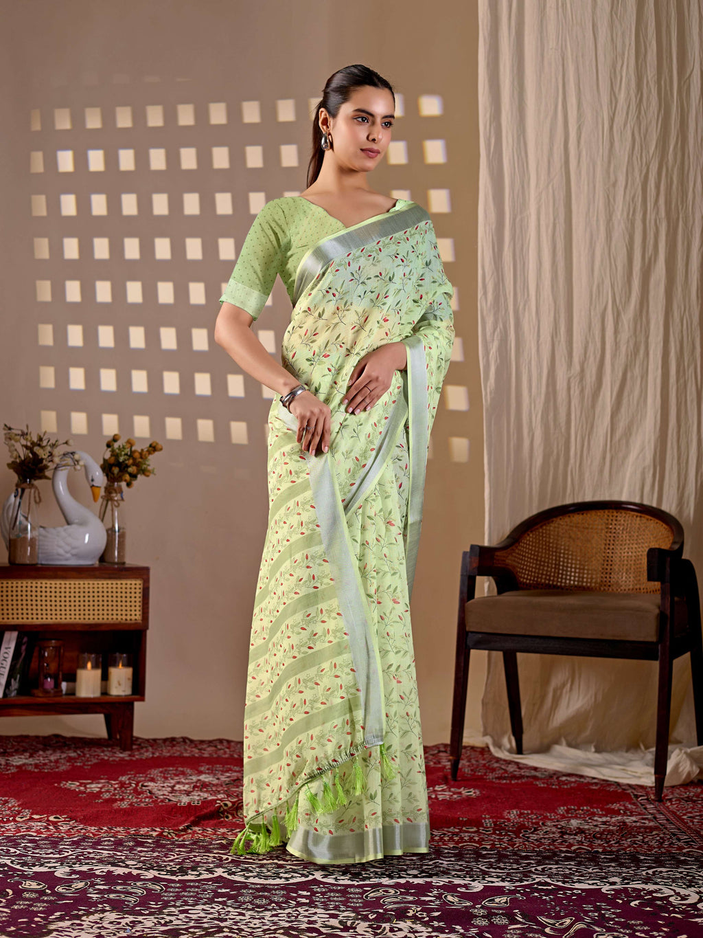 Aastha Fashion Pista Soft Linen Cotton Printed Saree | Grocsy