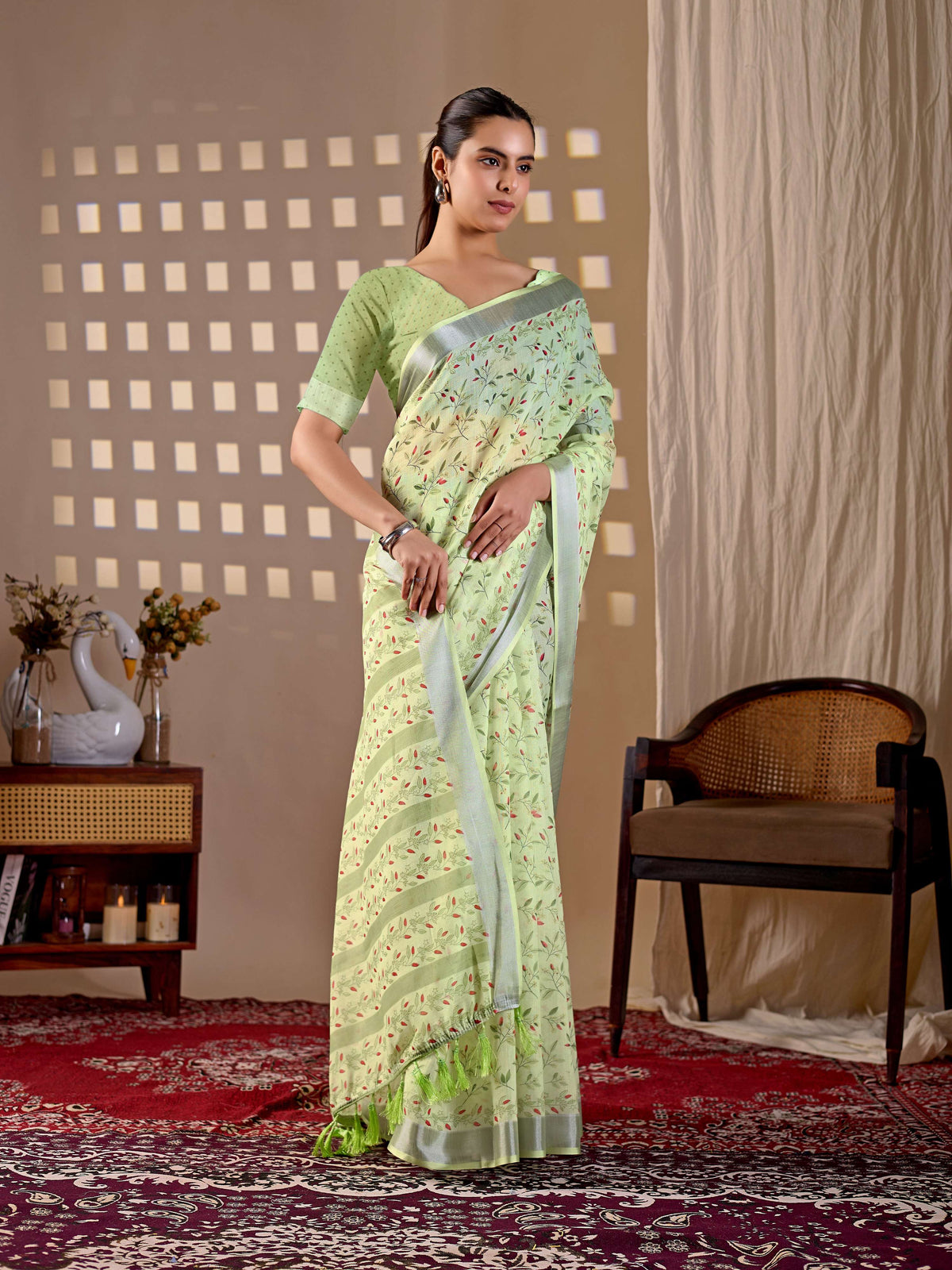 Aastha Fashion Pista Soft Linen Cotton Printed Saree | Grocsy