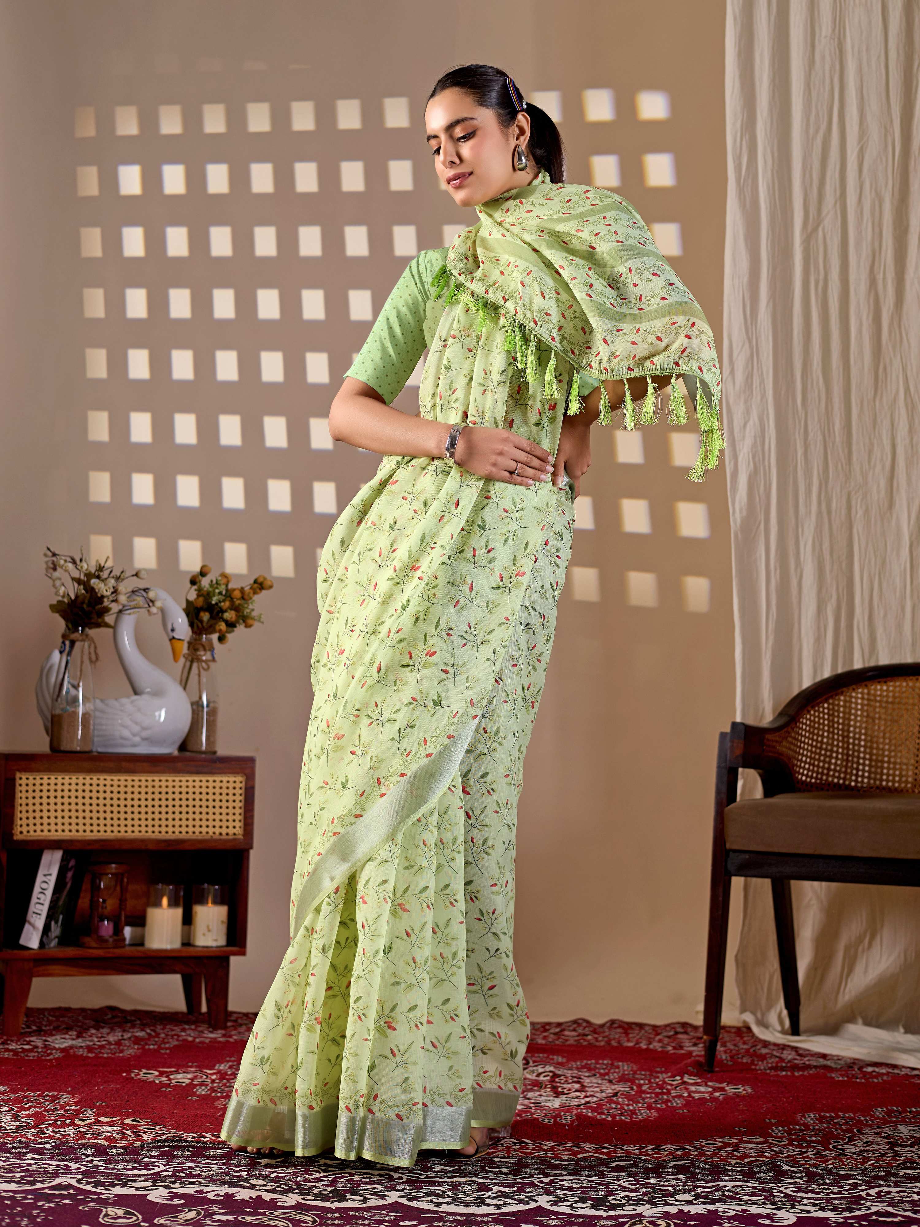 Aastha Fashion Pista Soft Linen Cotton Printed Saree | Grocsy