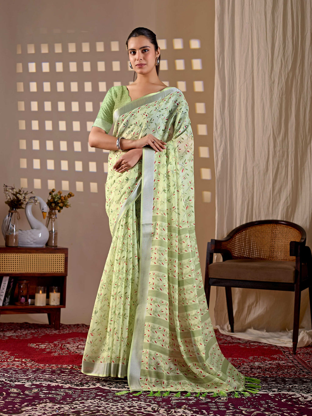 Aastha Fashion Pista Soft Linen Cotton Printed Saree | Grocsy