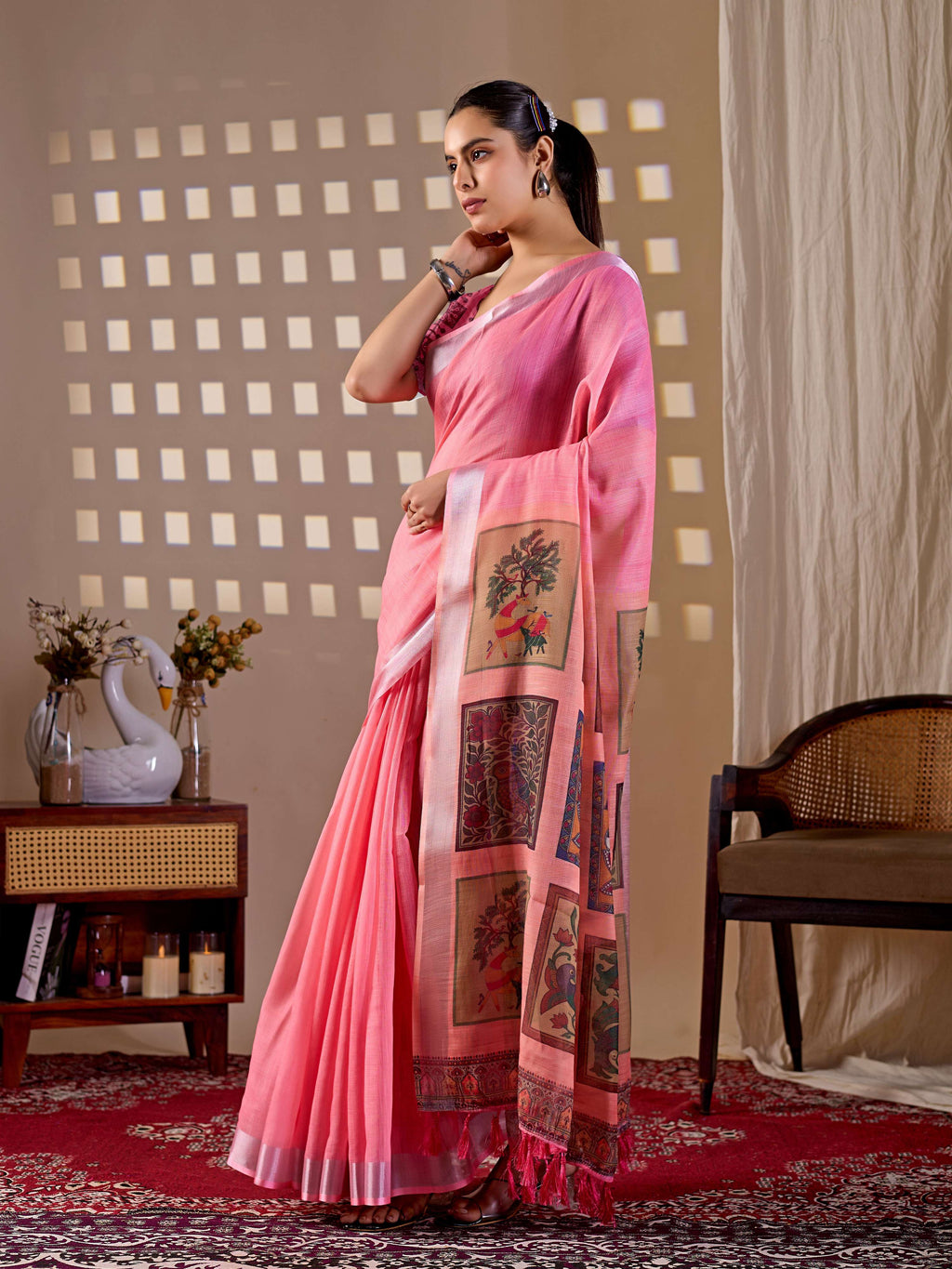 Aastha Fashion Pink Soft Linen Cotton Printed Saree | Grocsy