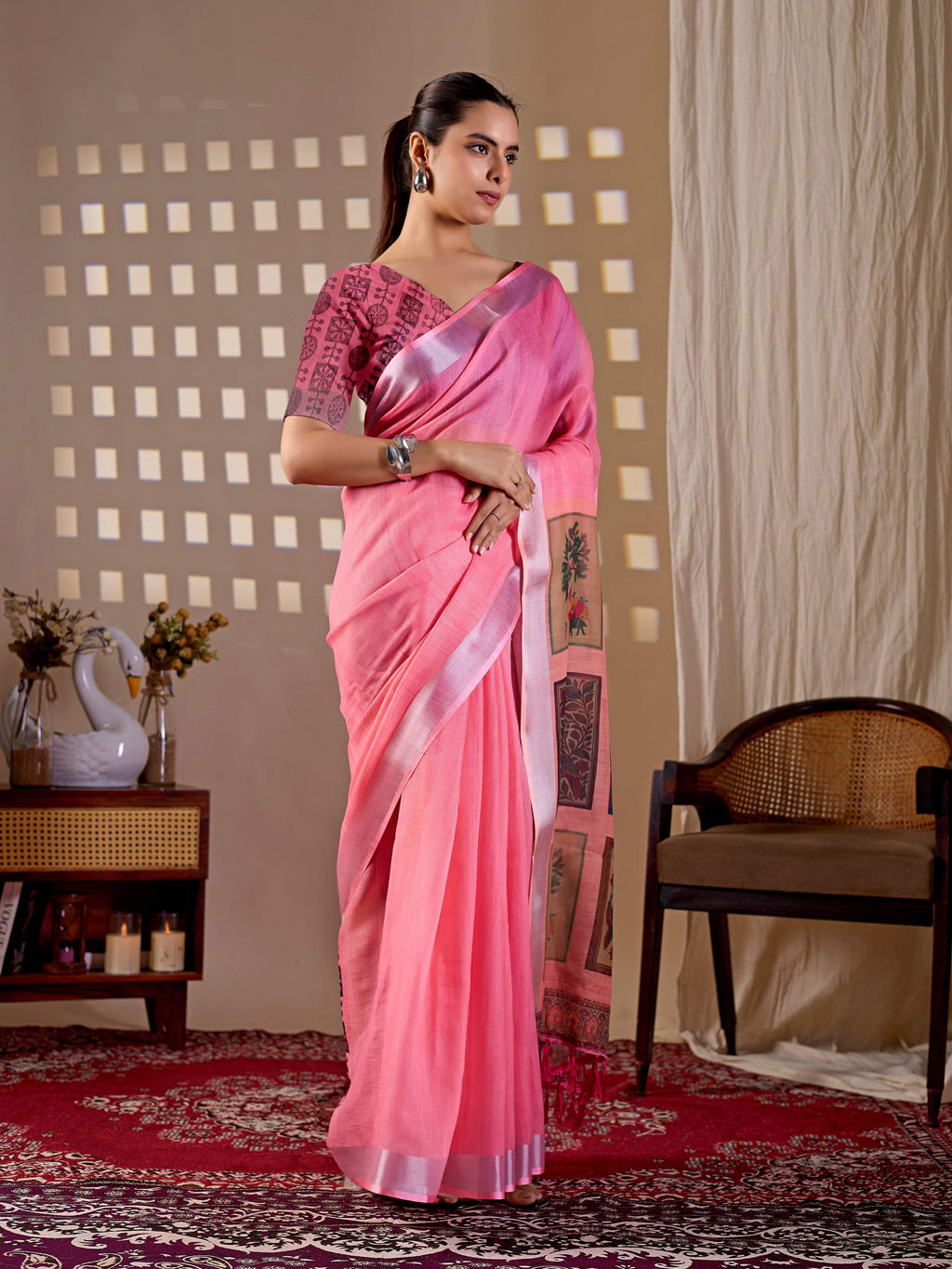 Aastha Fashion Pink Soft Linen Cotton Printed Saree | Grocsy
