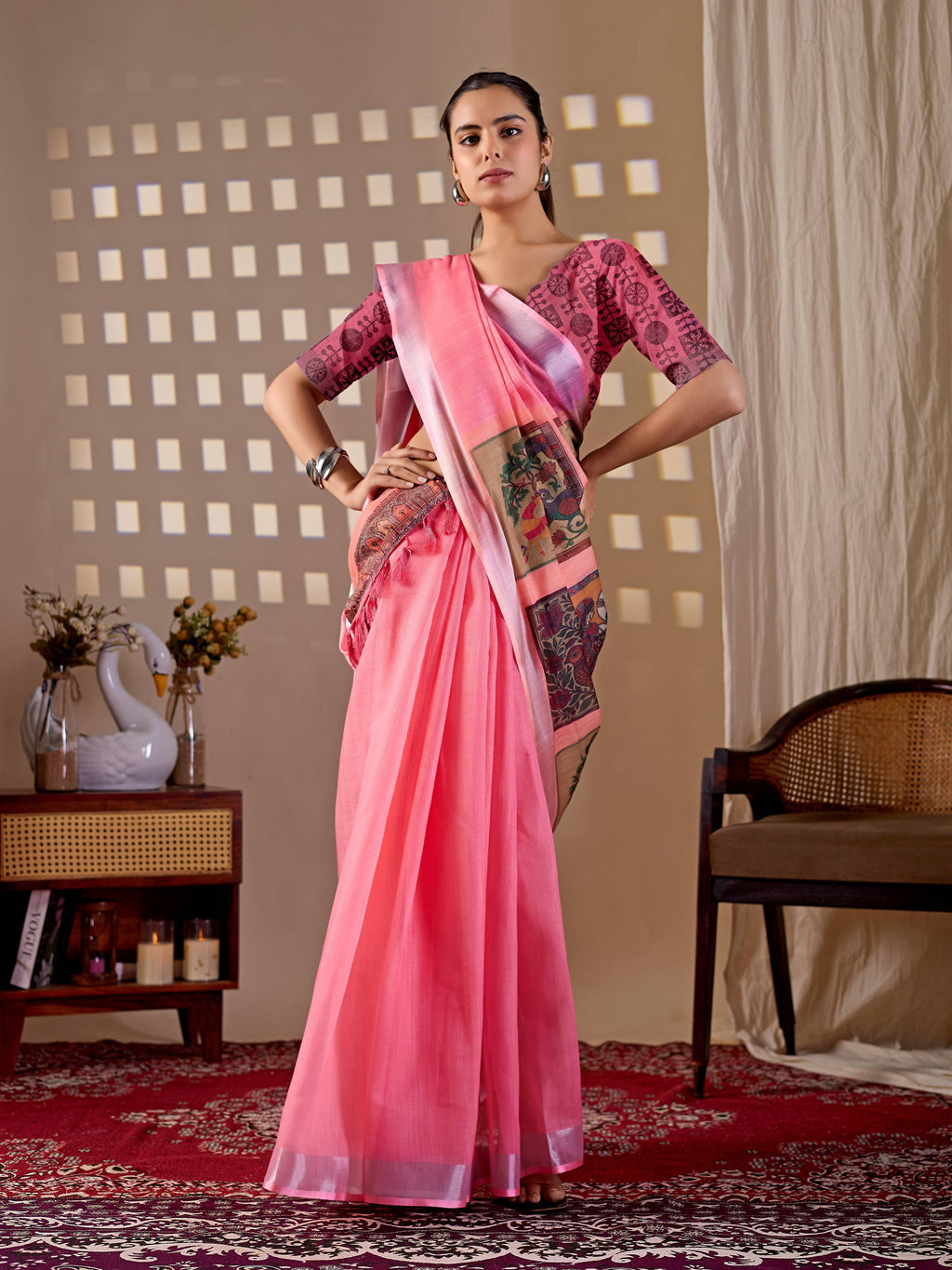 Aastha Fashion Pink Soft Linen Cotton Printed Saree | Grocsy