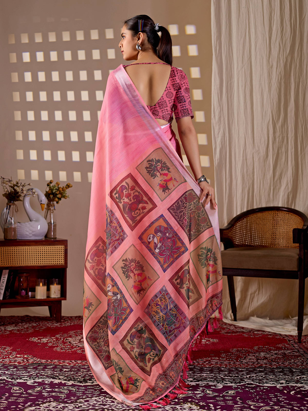 Aastha Fashion Pink Soft Linen Cotton Printed Saree | Grocsy