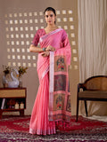 Aastha Fashion Pink Soft Linen Cotton Printed Saree | Grocsy