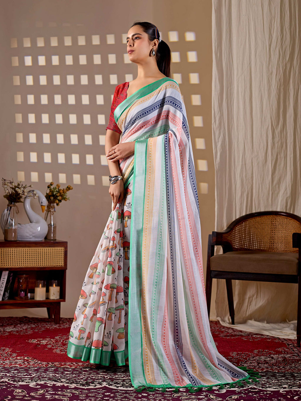 Aastha Fashion Multi Soft Linen Cotton Printed Saree | Grocsy