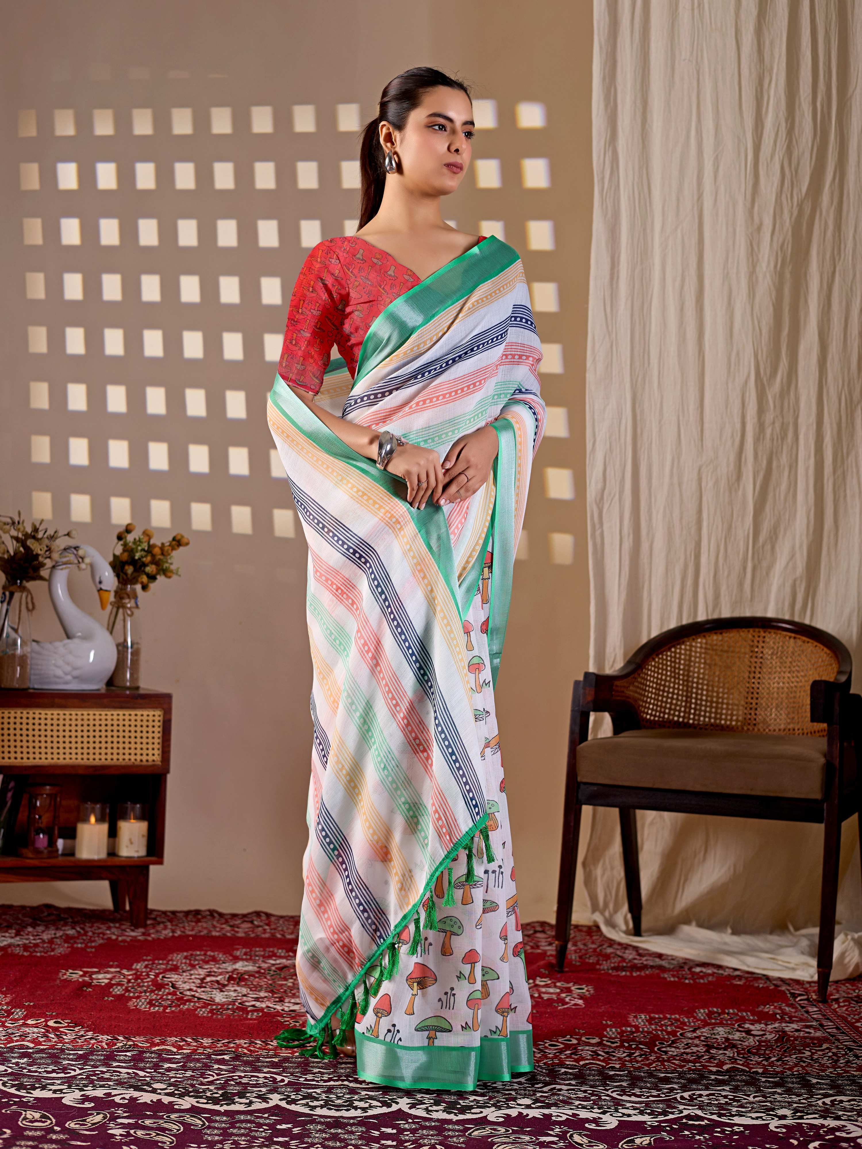 Aastha Fashion Multi Soft Linen Cotton Printed Saree | Grocsy