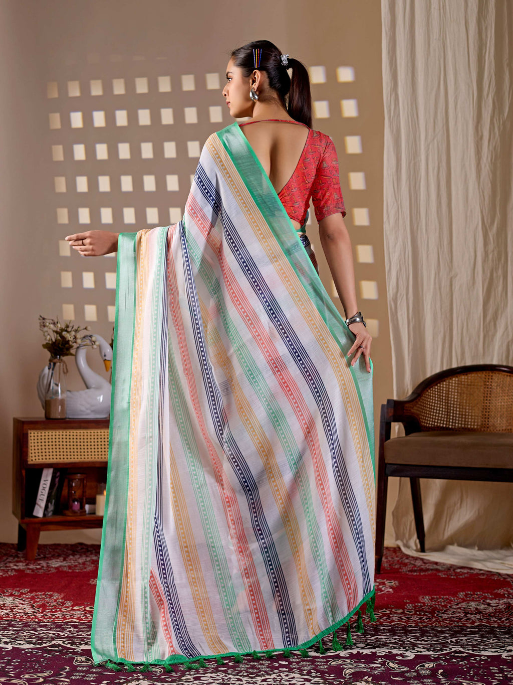 Aastha Fashion Multi Soft Linen Cotton Printed Saree | Grocsy