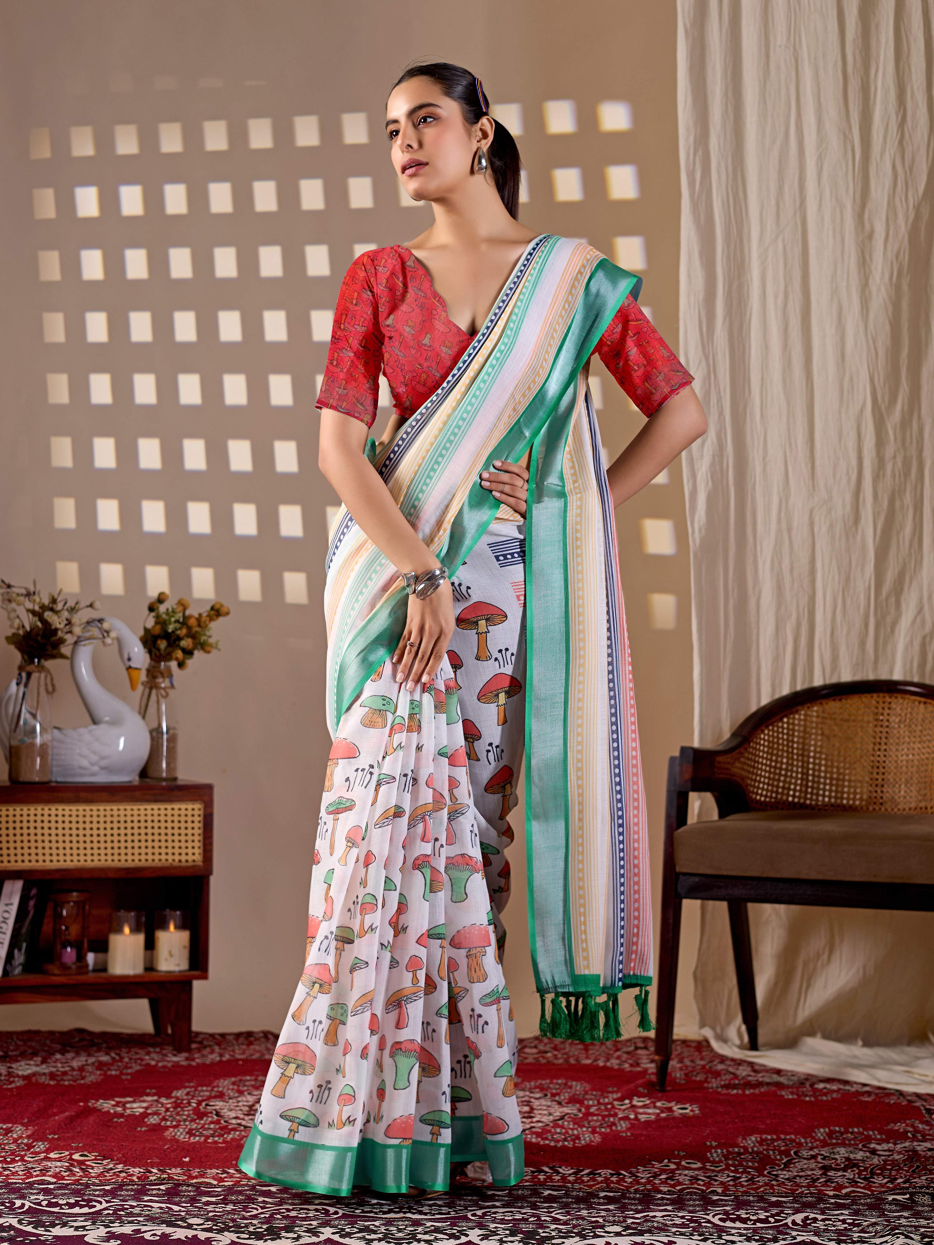 Aastha Fashion Multi Soft Linen Cotton Printed Saree | Grocsy