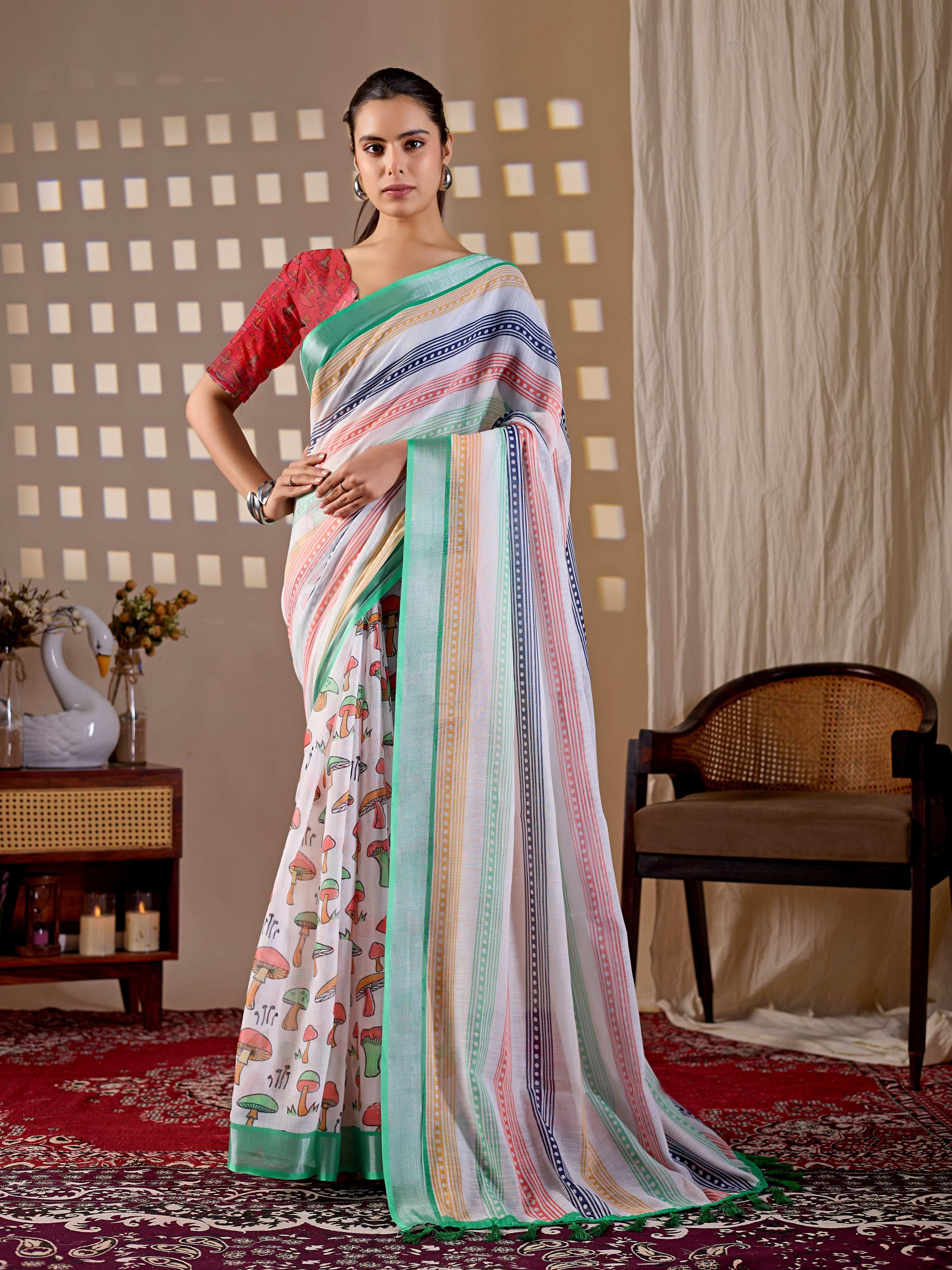 Aastha Fashion Multi Soft Linen Cotton Printed Saree | Grocsy