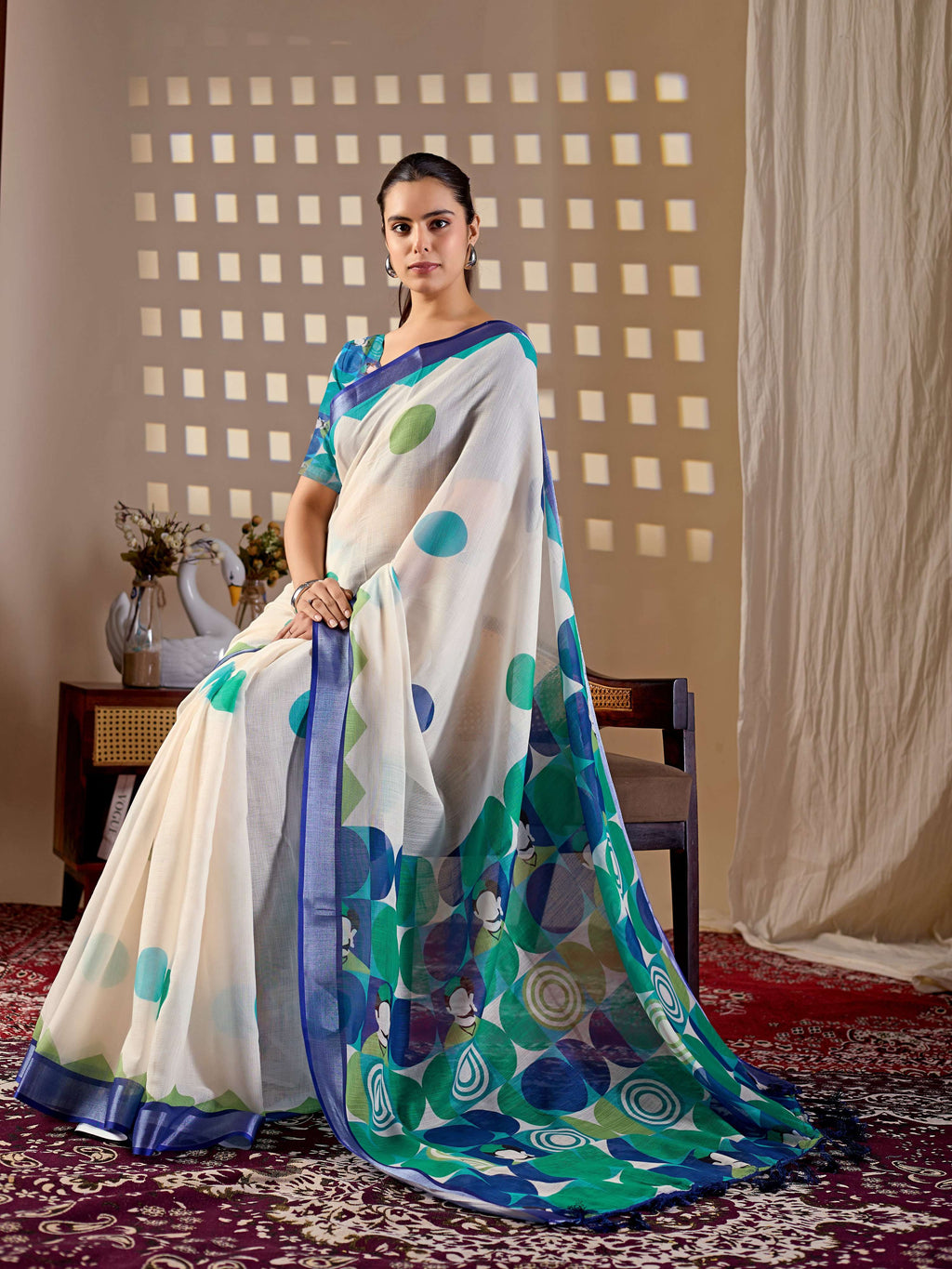 Aastha Fashion Cream Soft Linen Cotton Printed Saree | Grocsy