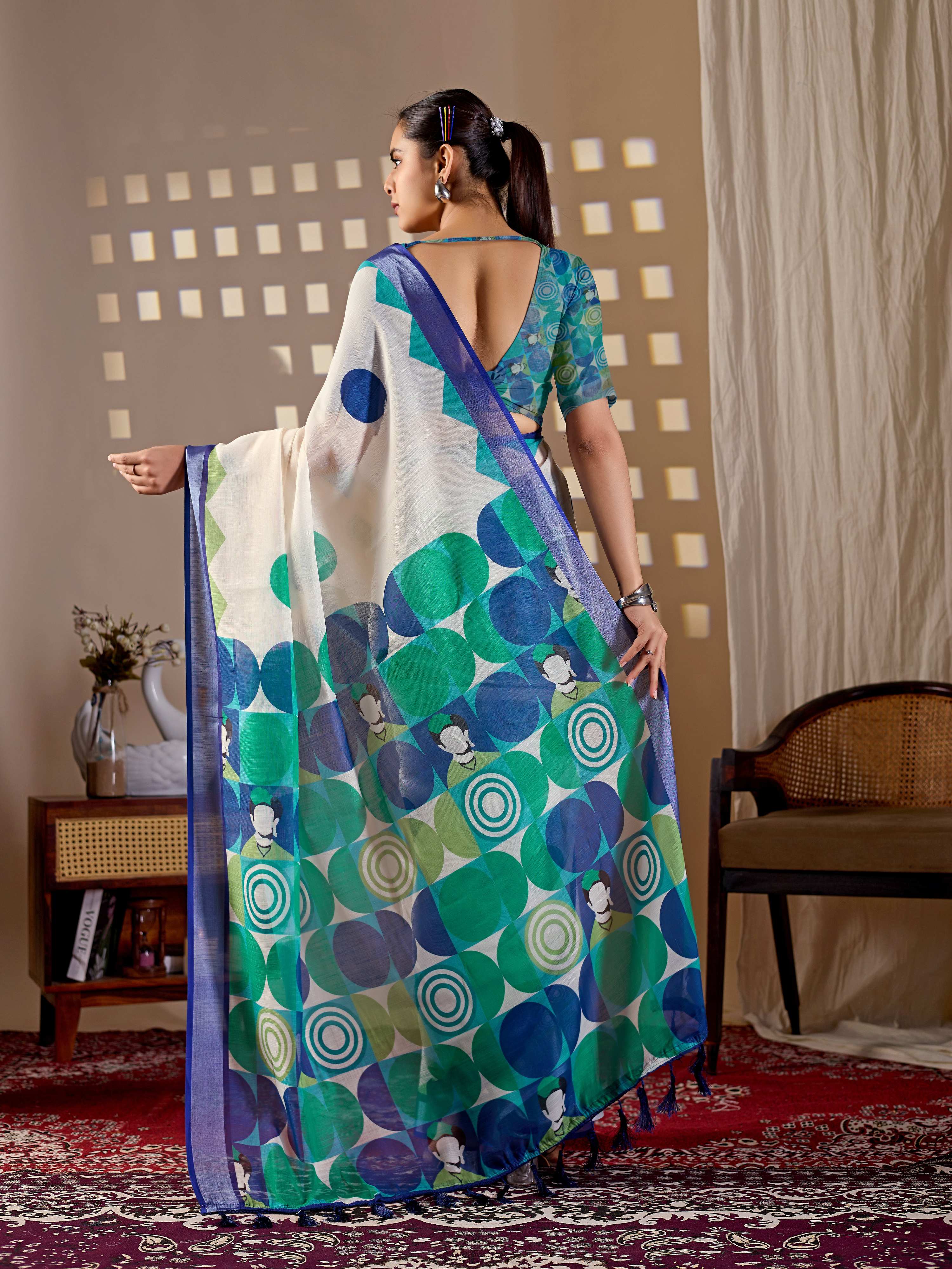 Aastha Fashion Cream Soft Linen Cotton Printed Saree | Grocsy