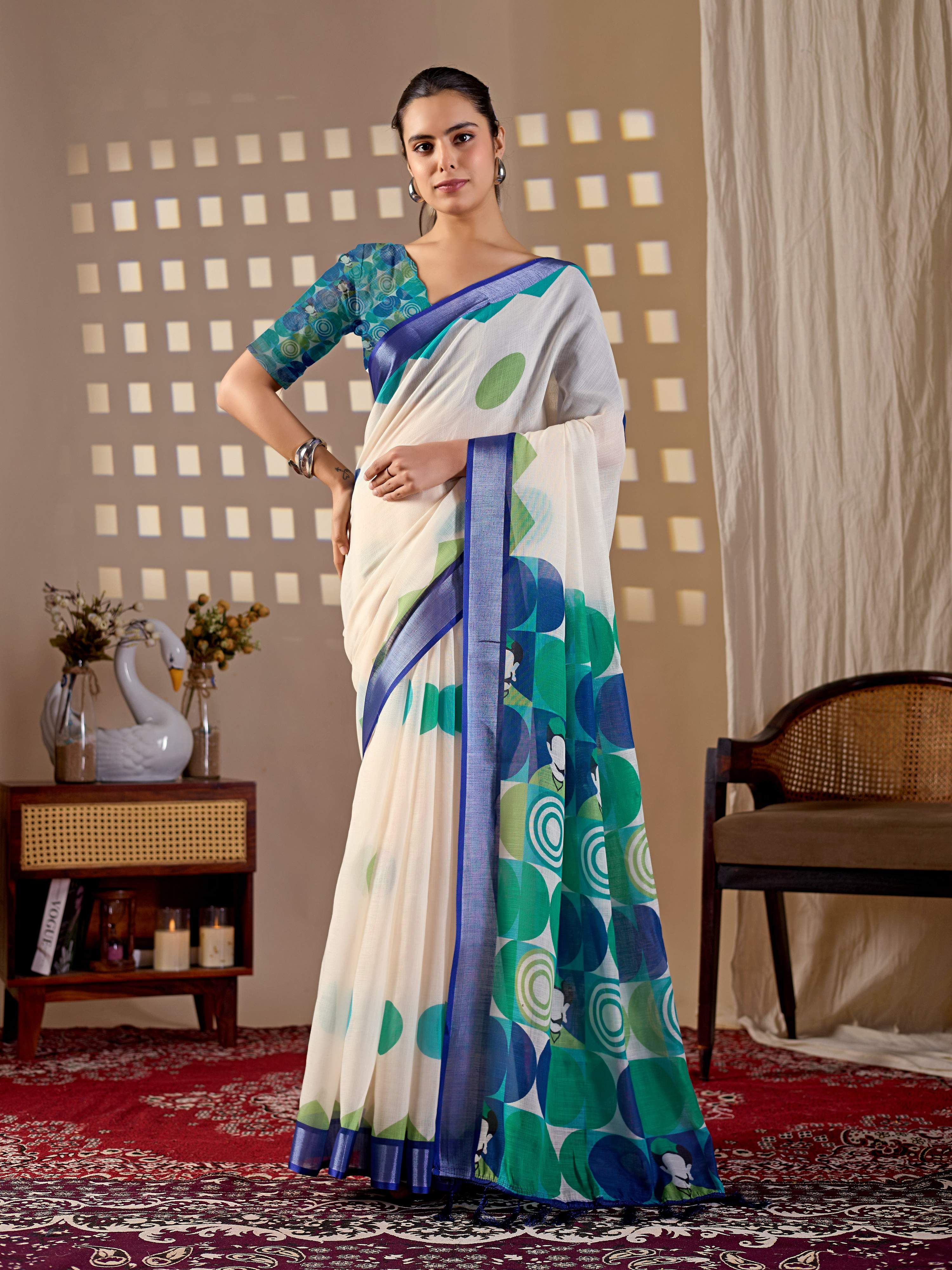 Aastha Fashion Cream Soft Linen Cotton Printed Saree | Grocsy