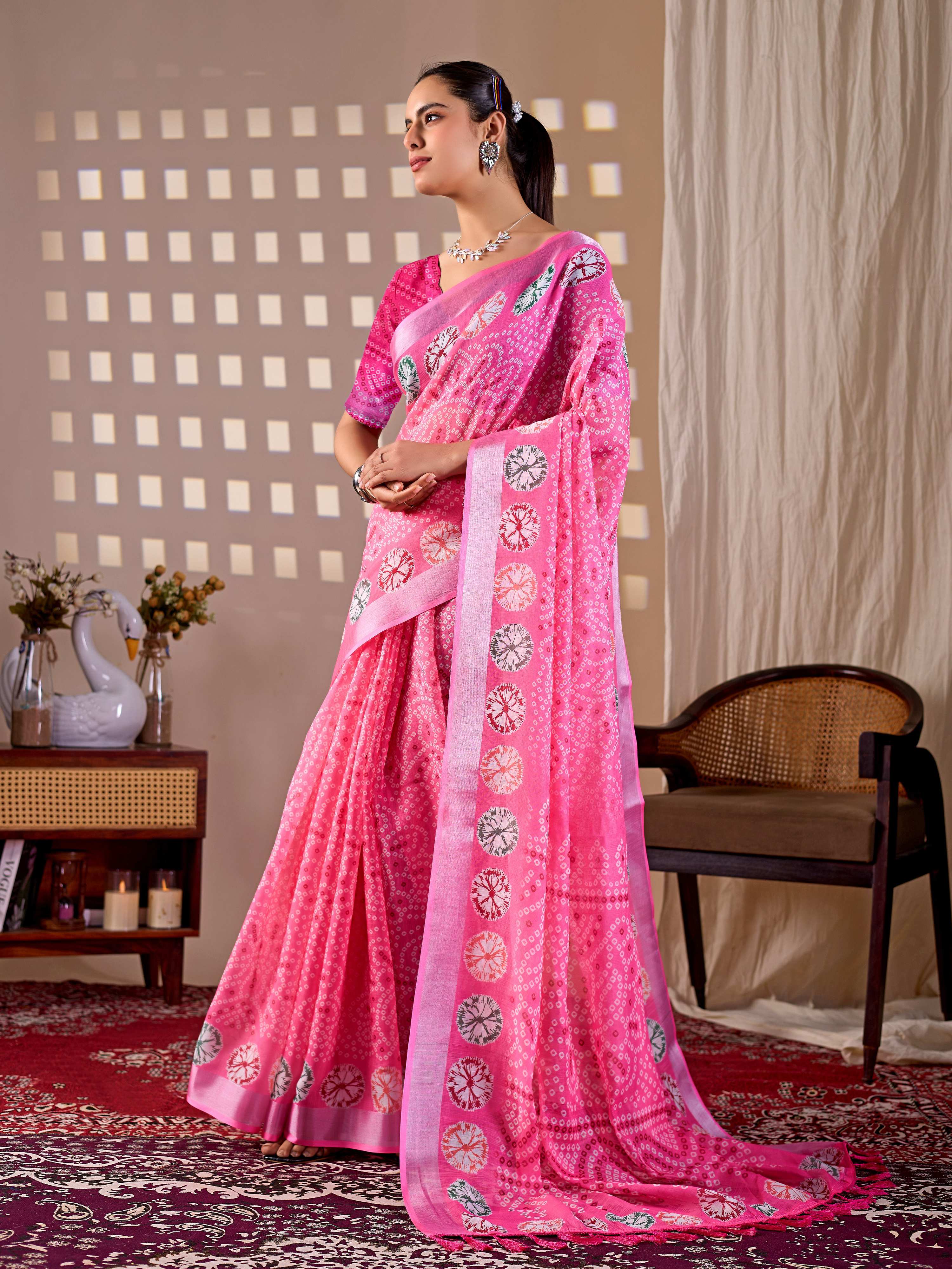 Aastha Fashion Pink Soft Linen Cotton Printed Saree | Grocsy