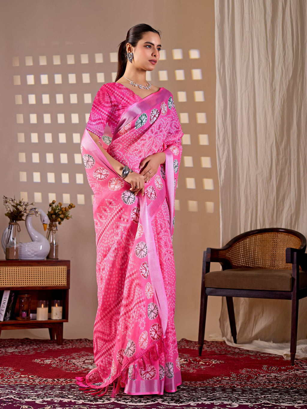 Aastha Fashion Pink Soft Linen Cotton Printed Saree | Grocsy