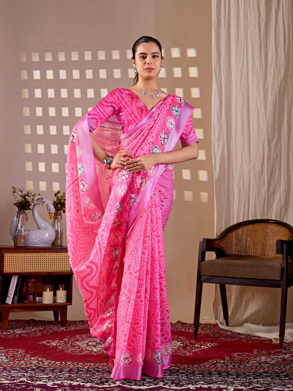 Aastha Fashion Pink Soft Linen Cotton Printed Saree | Grocsy