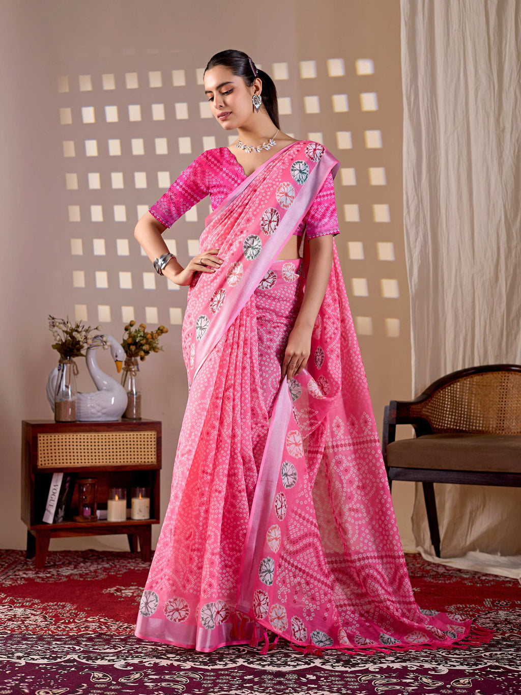Aastha Fashion Pink Soft Linen Cotton Printed Saree | Grocsy