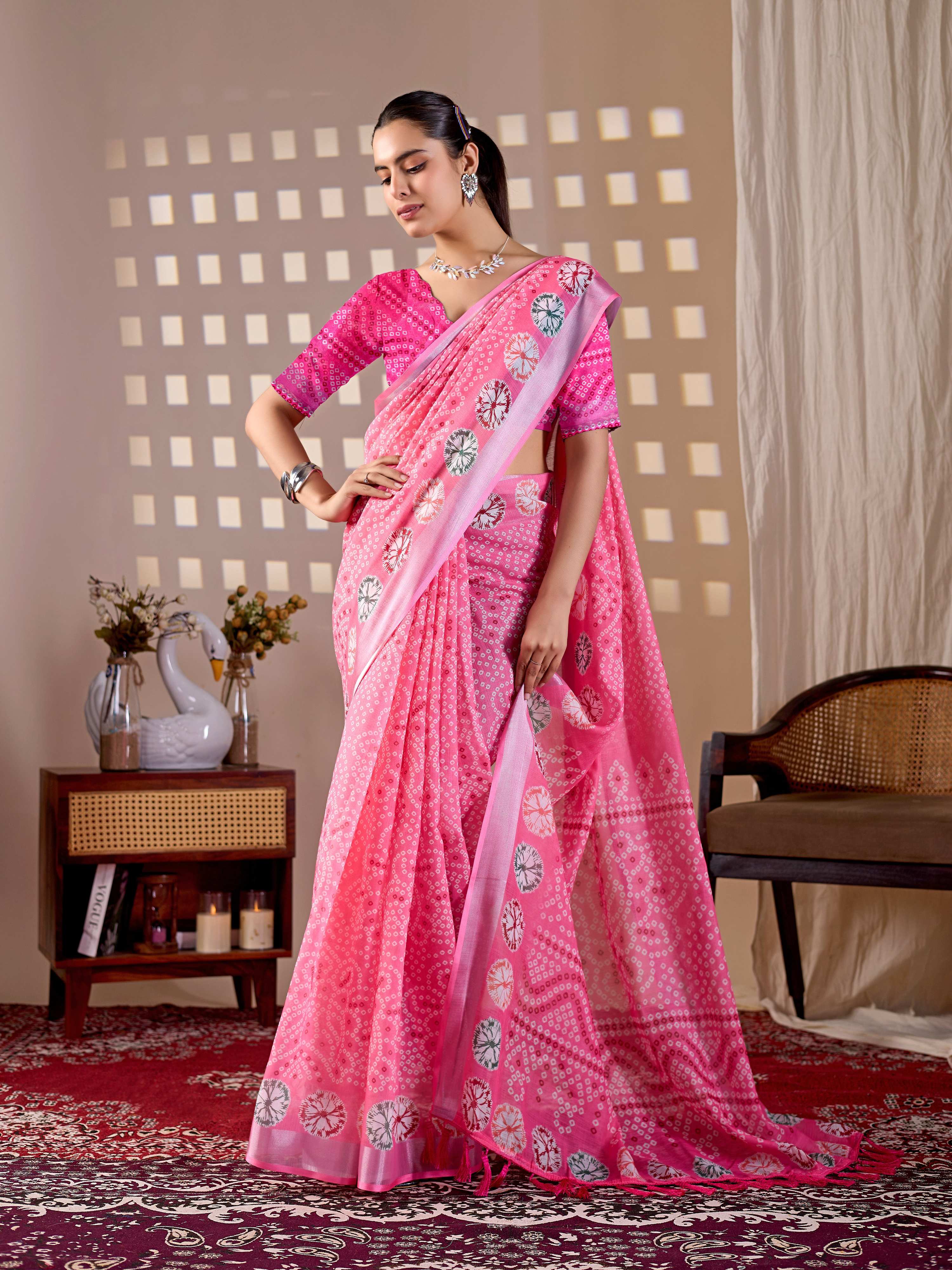 Aastha Fashion Pink Soft Linen Cotton Printed Saree | Grocsy