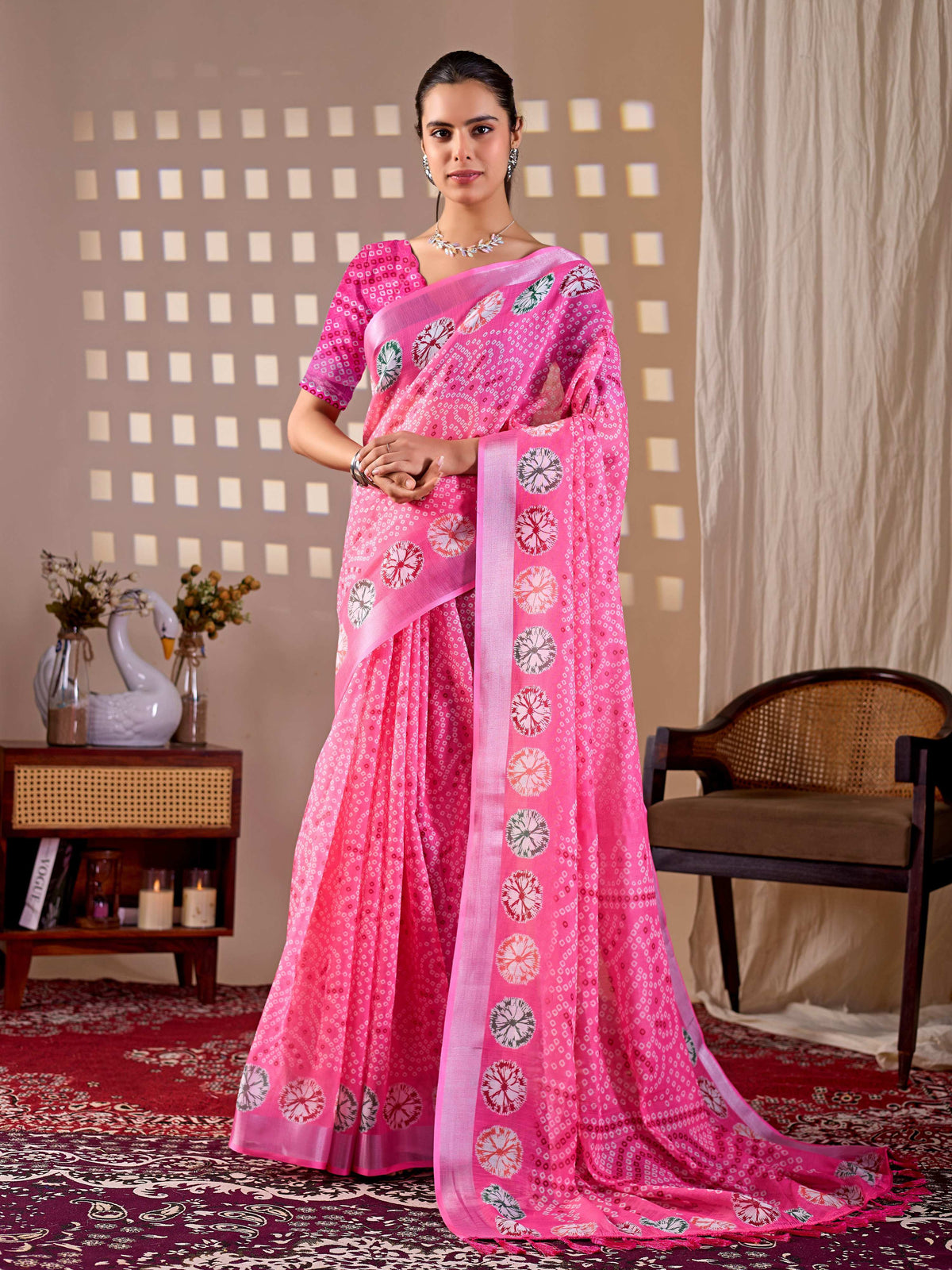 Aastha Fashion Pink Soft Linen Cotton Printed Saree | Grocsy