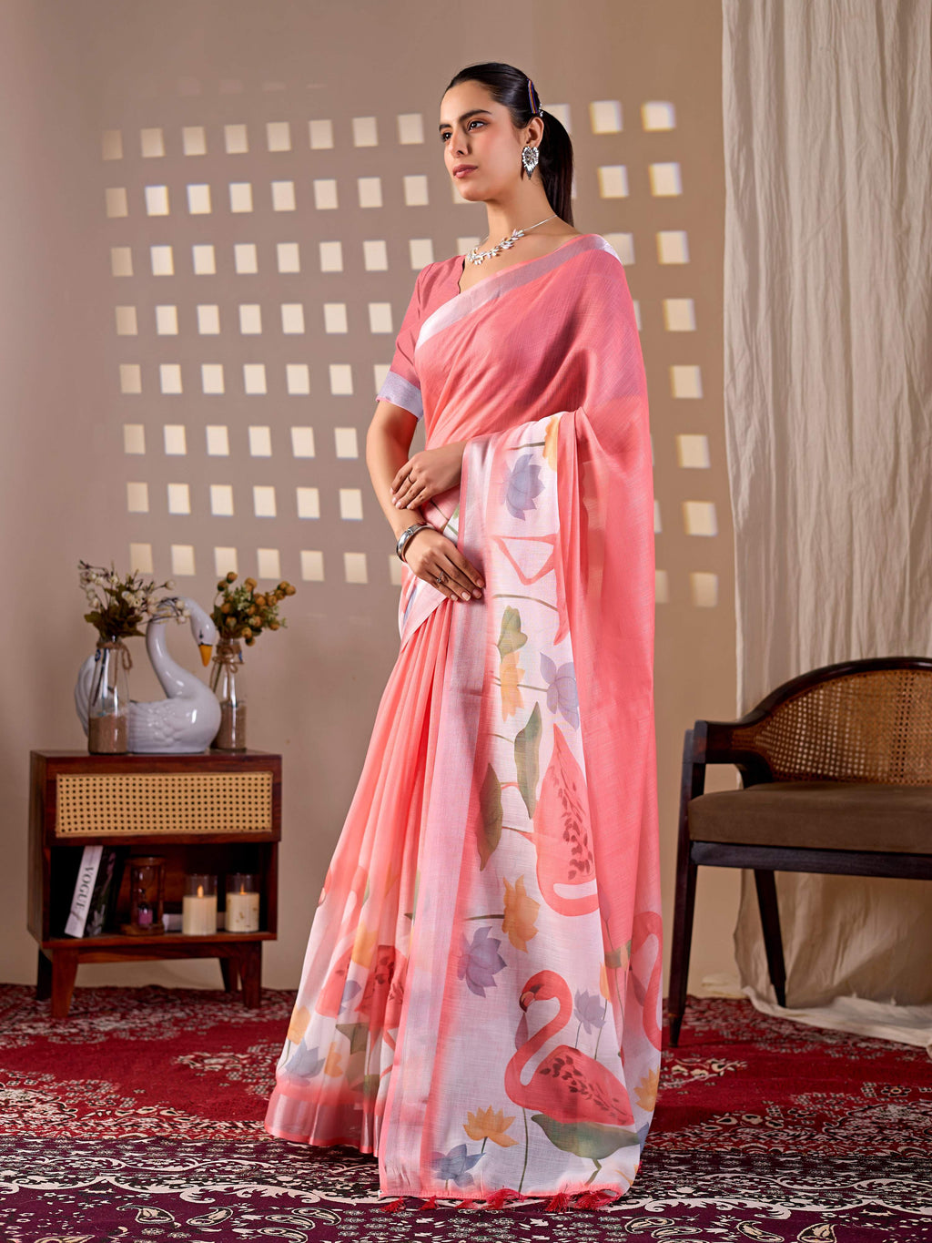 Aastha Fashion Peach Soft Linen Cotton Printed Saree | Grocsy