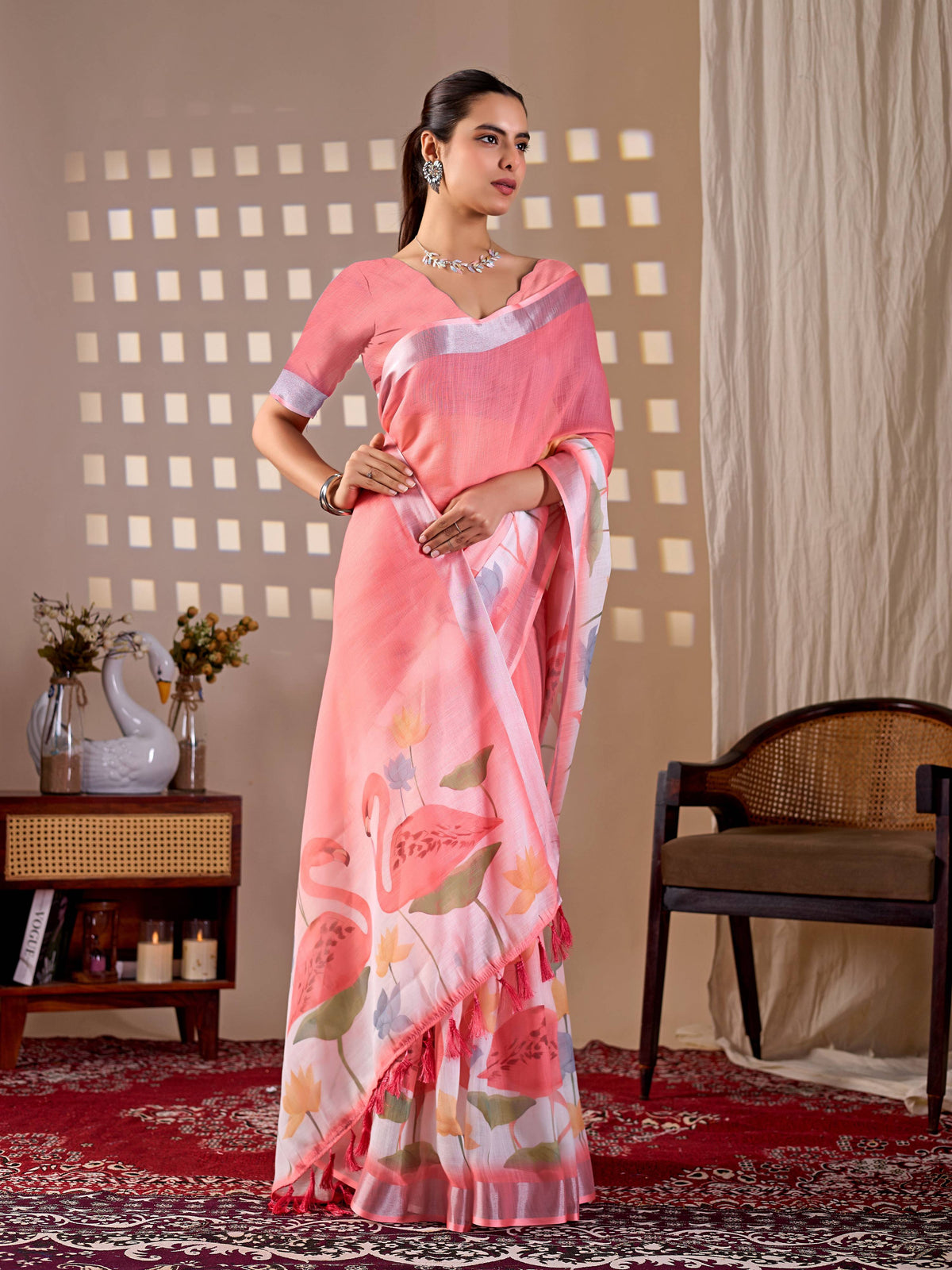 Aastha Fashion Peach Soft Linen Cotton Printed Saree | Grocsy